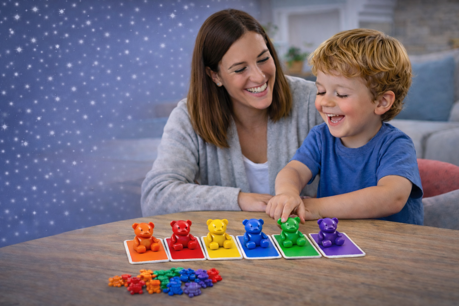 A woman and a young boy are playing a colorful board game with teddy bear tokens and numbered cards in a cozy living room.