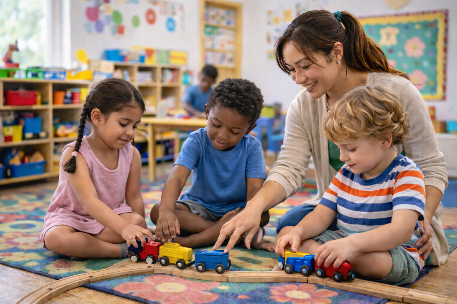 A teacher with three young children playing with toy trains on a wooden track in a colorful classroom.