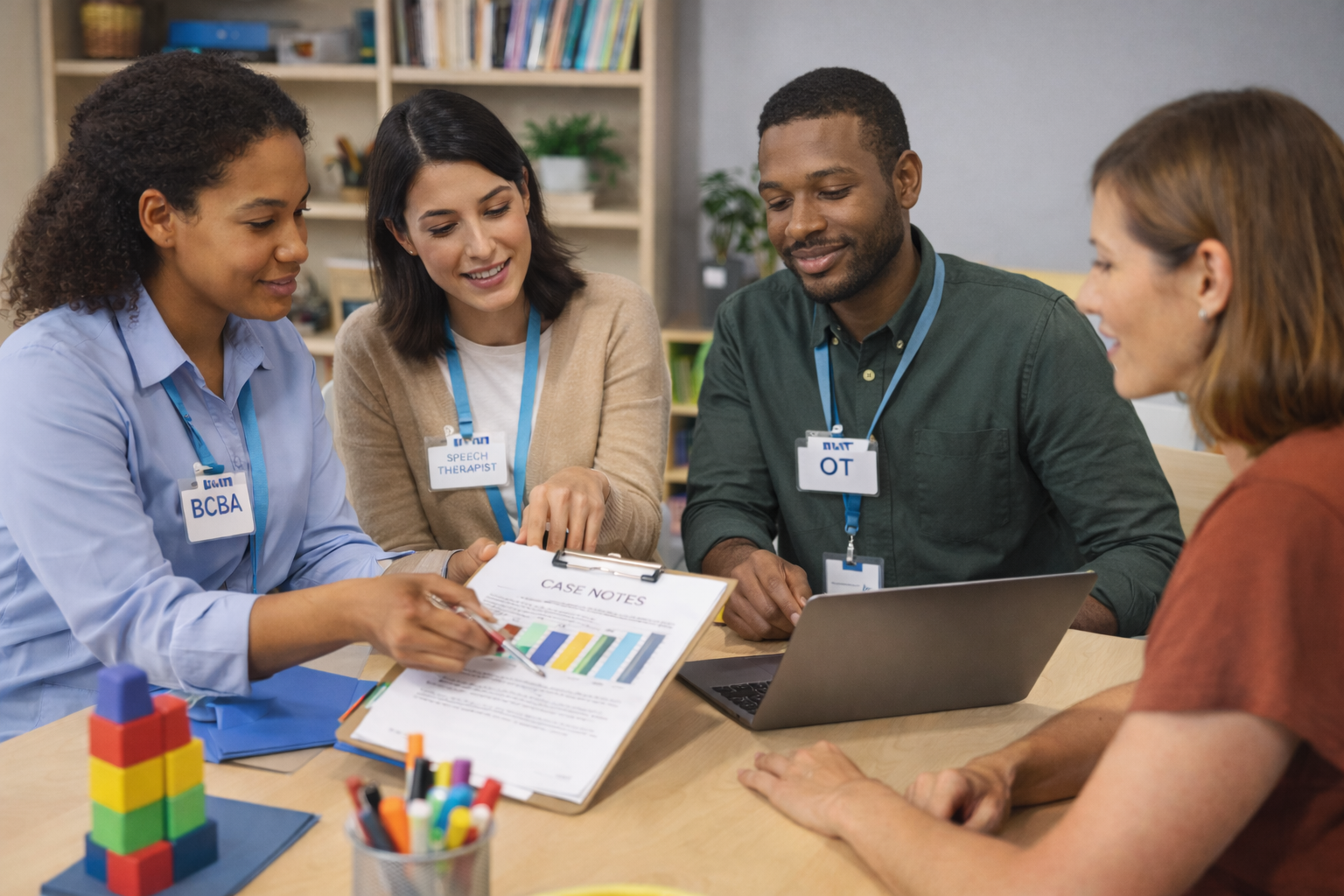 Four diverse healthcare professionals sitting at a table during a discussion, looking at case notes and a laptop, with a bookshelf and plants in the background.