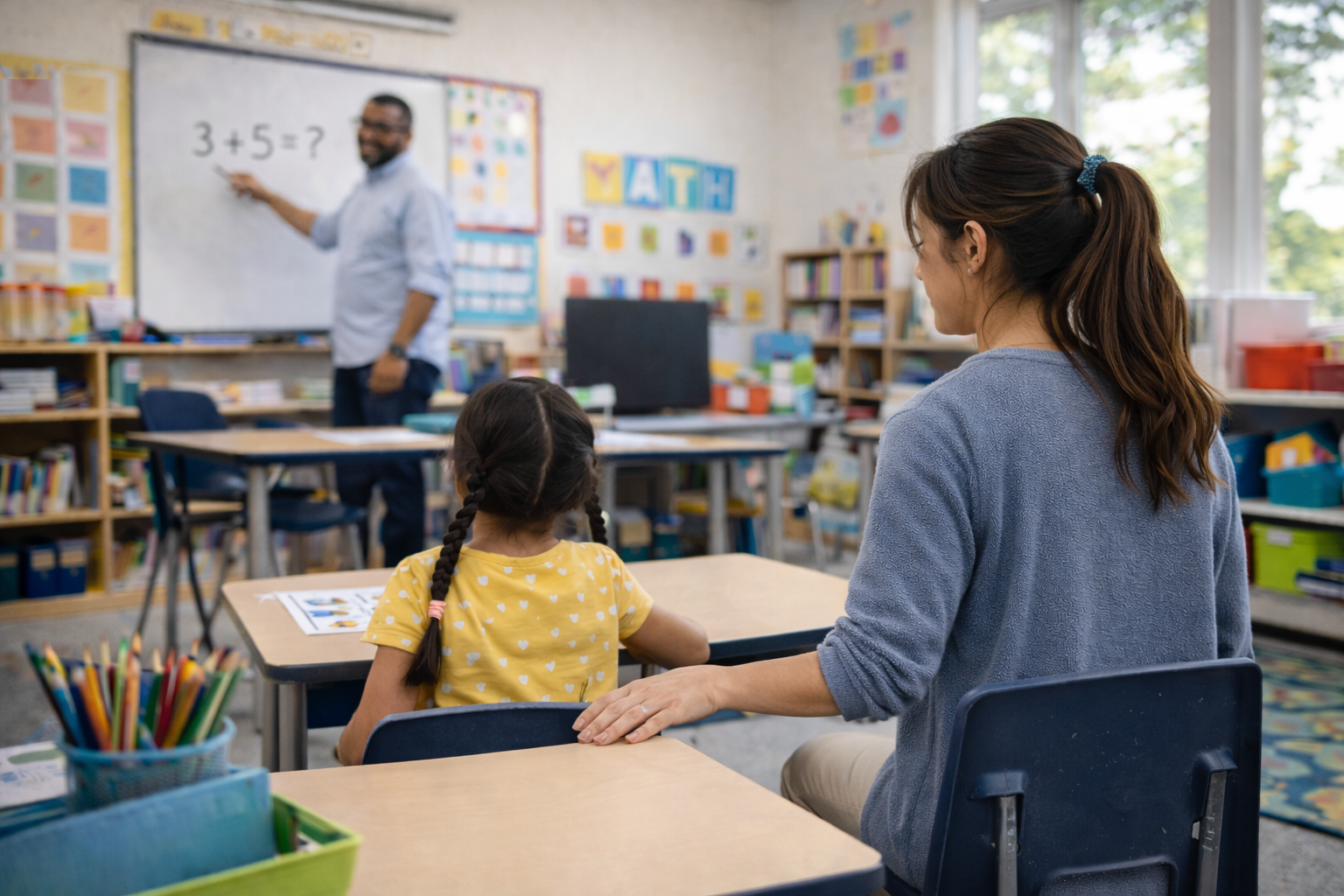 A classroom with a teacher at the whiteboard and a student and a woman sitting at desks, listening to the teacher.