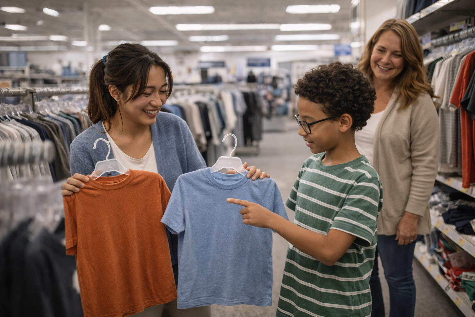 A young boy with glasses wearing a green and white striped shirt shows a light blue T-shirt to two women inside a clothing store. One woman, with brown hair, wearing a blue sweater, holds an orange T-shirt. The other woman, with red hair, wearing a beige cardigan, stands behind them smiling.