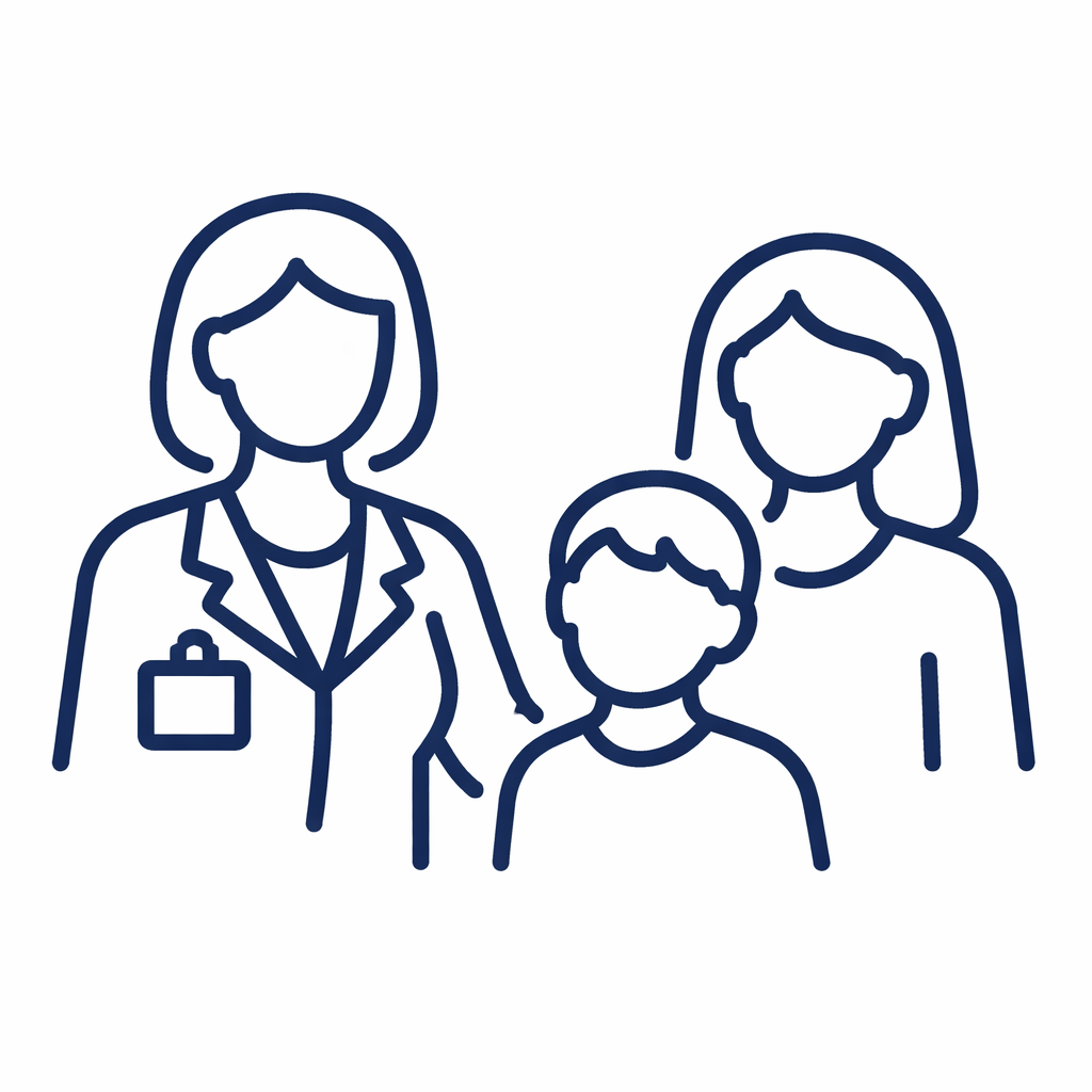 Line drawing of a healthcare professional with a badge and two children, one girl and one boy, all wearing face masks.