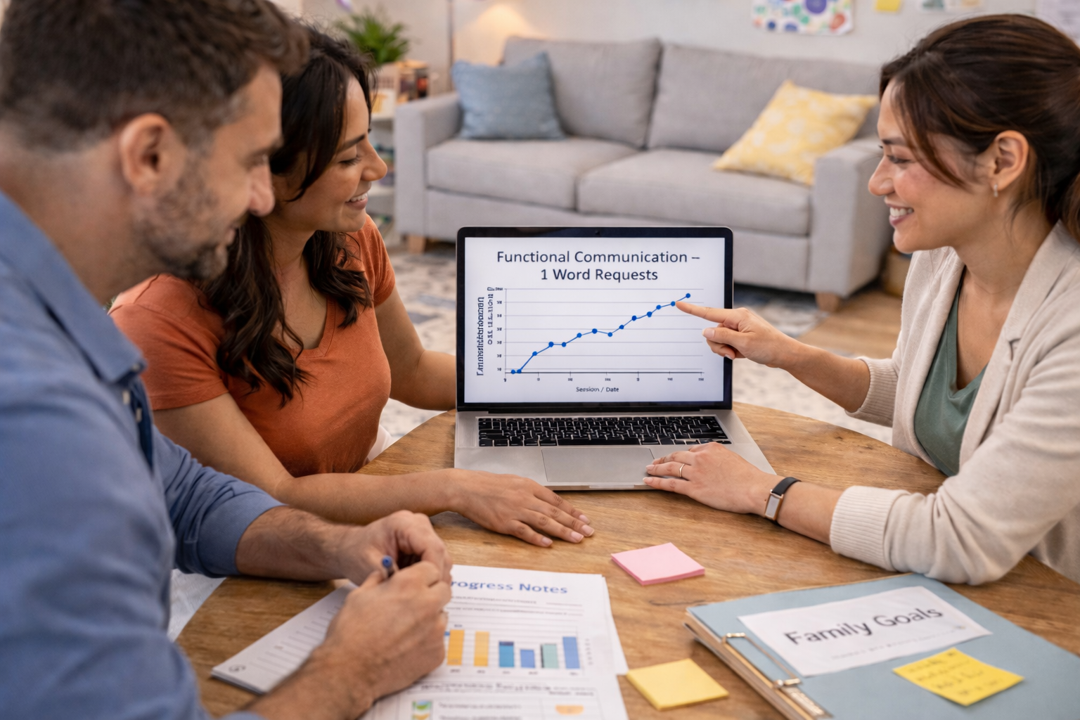 Three people in a meeting room discussing data displayed on a laptop screen that shows a line graph titled 'Functional Communication - 1 Word Requests'. The table has various documents and sticky notes, including one labeled 'Family Goals' and another titled 'Progress Notes'. The room is cozy, with a gray couch and decorative pillows in the background.