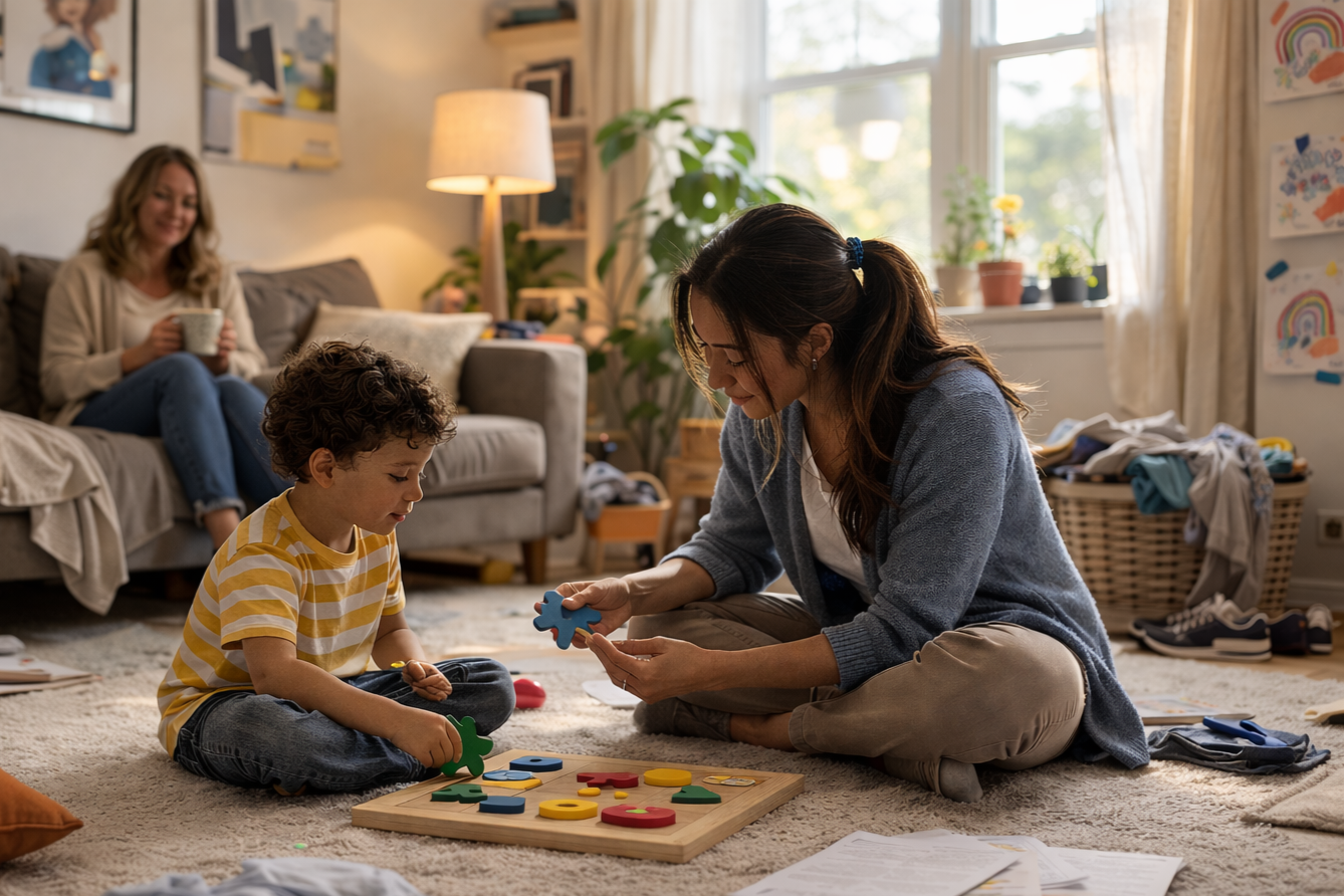 A woman and a young boy playing a puzzle game with large colorful puzzle pieces on a wooden board in a cozy living room, with another woman sitting on a sofa in the background holding a mug.