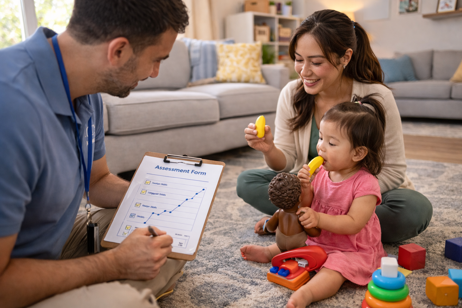 Young girl and woman playing with toys on the carpet while a man holds an assessment form. The girl is holding a banana toy and has a doll, blocks, and stacking rings around her.
