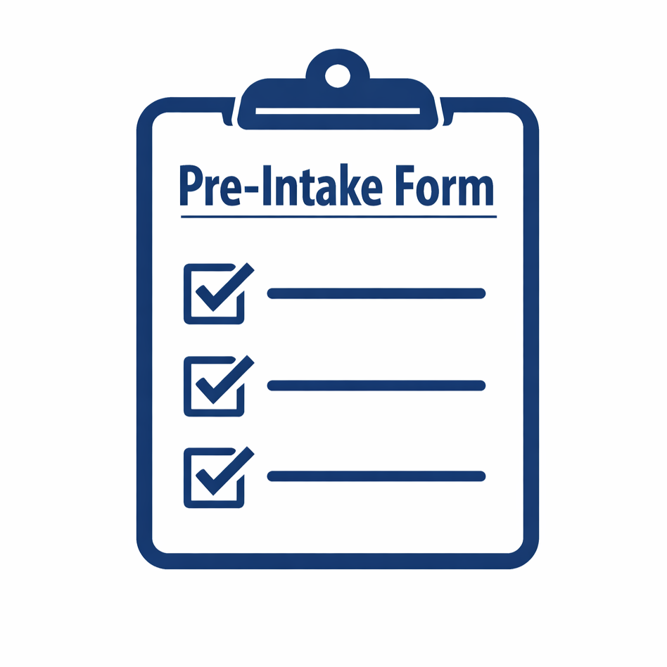 Outline of a clipboard with a checklist and the text 'Pre-Intake Form' at the top.