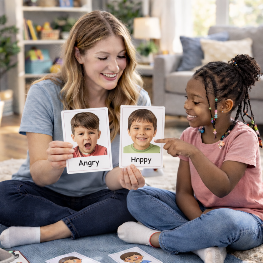 A woman and a girl sitting on the floor, smiling and holding up cards with a boy's face showing different emotions, labeled 'Angry' and 'Happy'