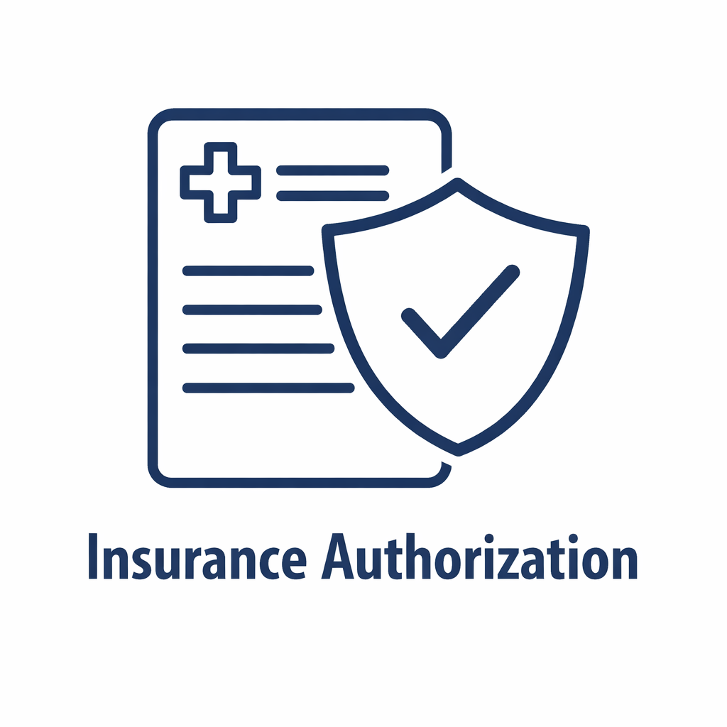 An icon of an insurance document with a cross symbol and a shield with a checkmark, labeled 'Insurance Authorization'.