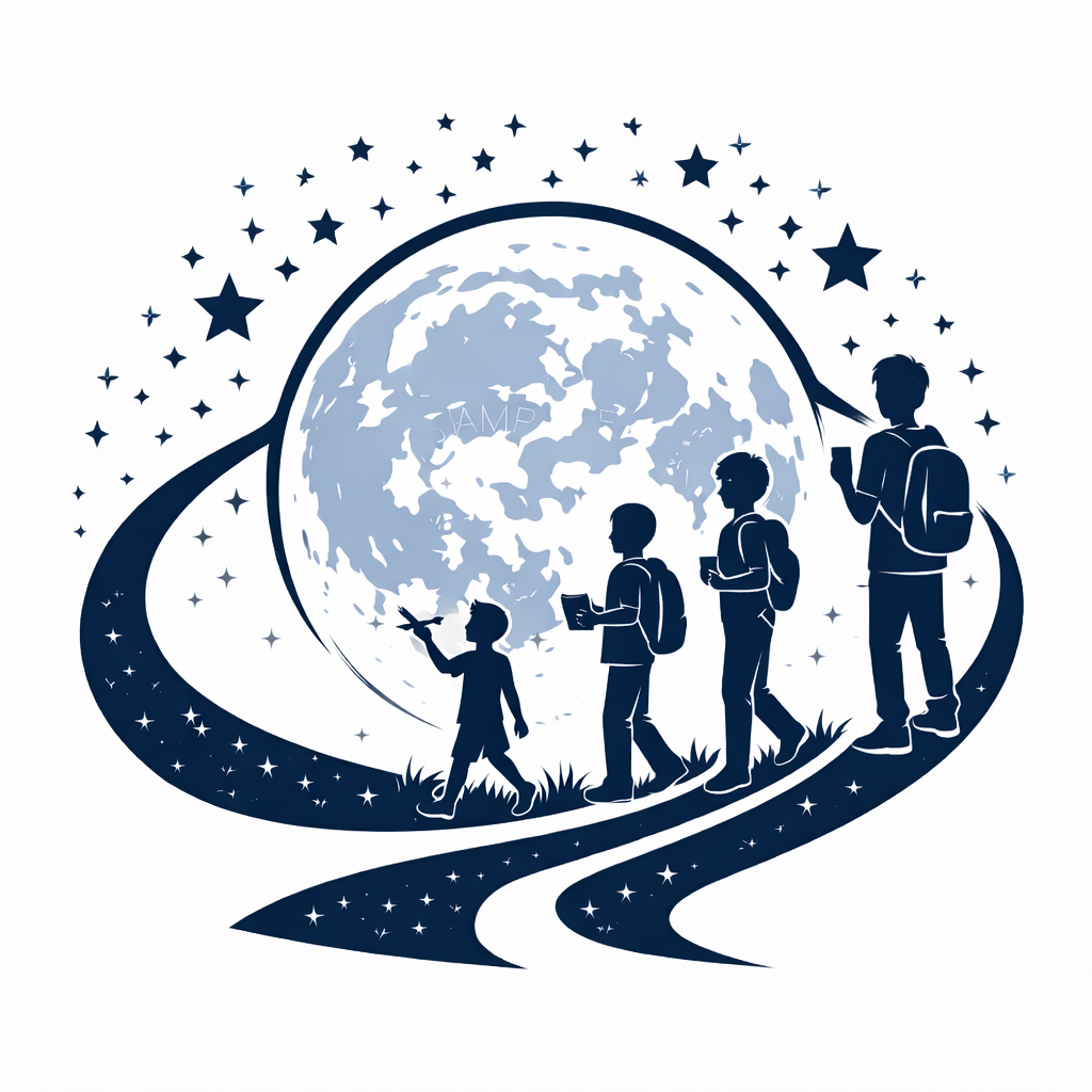 Silhouette of four children with backpacks walking on a winding path, holding devices, in front of a large moon surrounded by stars, with the moon displaying the word 'CAMP'.