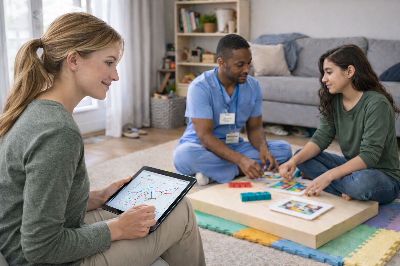 A woman with a tablet and two people sitting on a mat playing a board game in a living room.