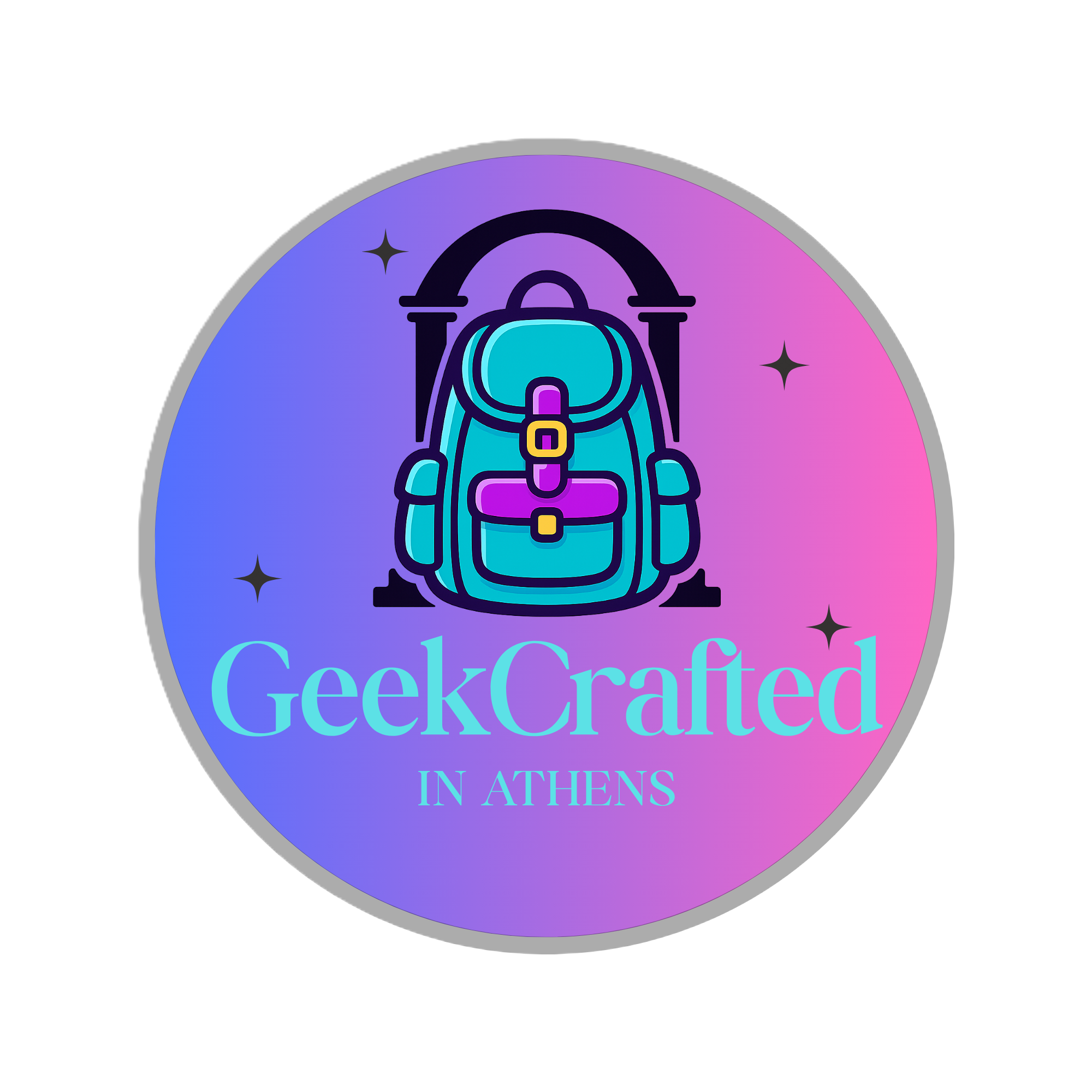 A circular logo with a gradient purple and blue background featuring a stylized backpack with stars and the words 'GeekCrafted in Athens'.