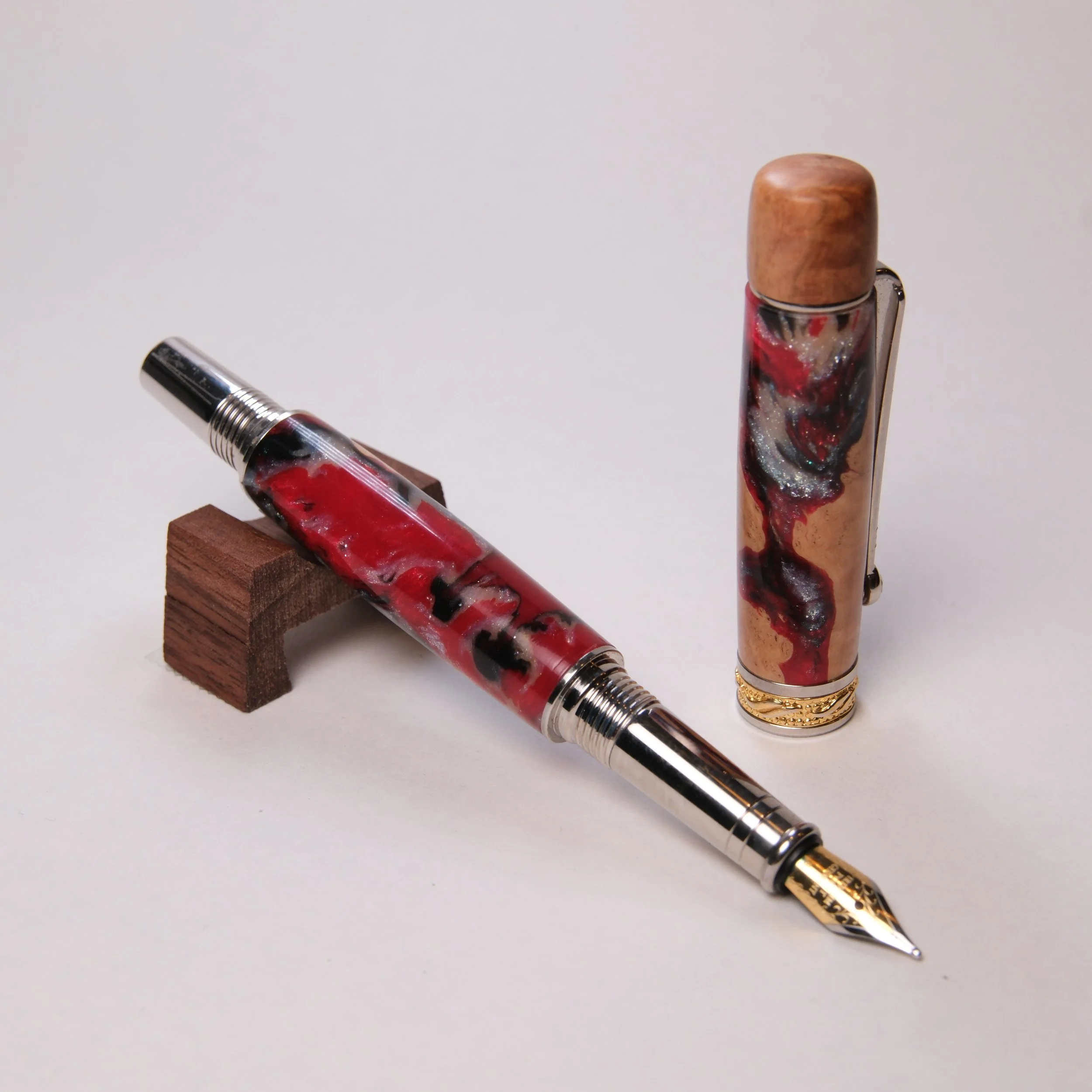 Fountain - Red & Black Acrylic with Burl Wood