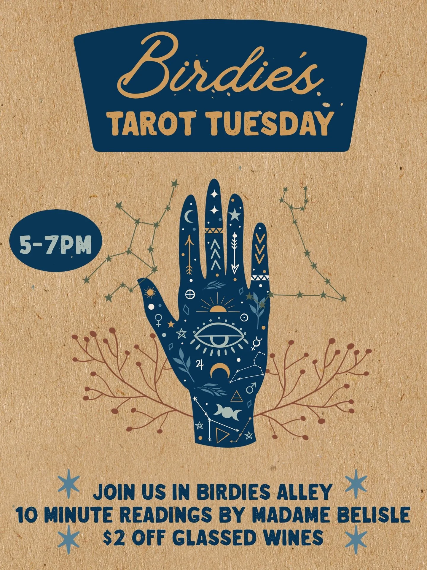 Tarot Tuesday in Birdie&rsquo;s Alley 🔮🍷

Join us for quick pulls and good pours with @madamebelisle 
10-minute readings.
$2 off wines by the glass.
5-7pm

Come see what the cards reveal&hellip; then pick a bottle to match the mood.