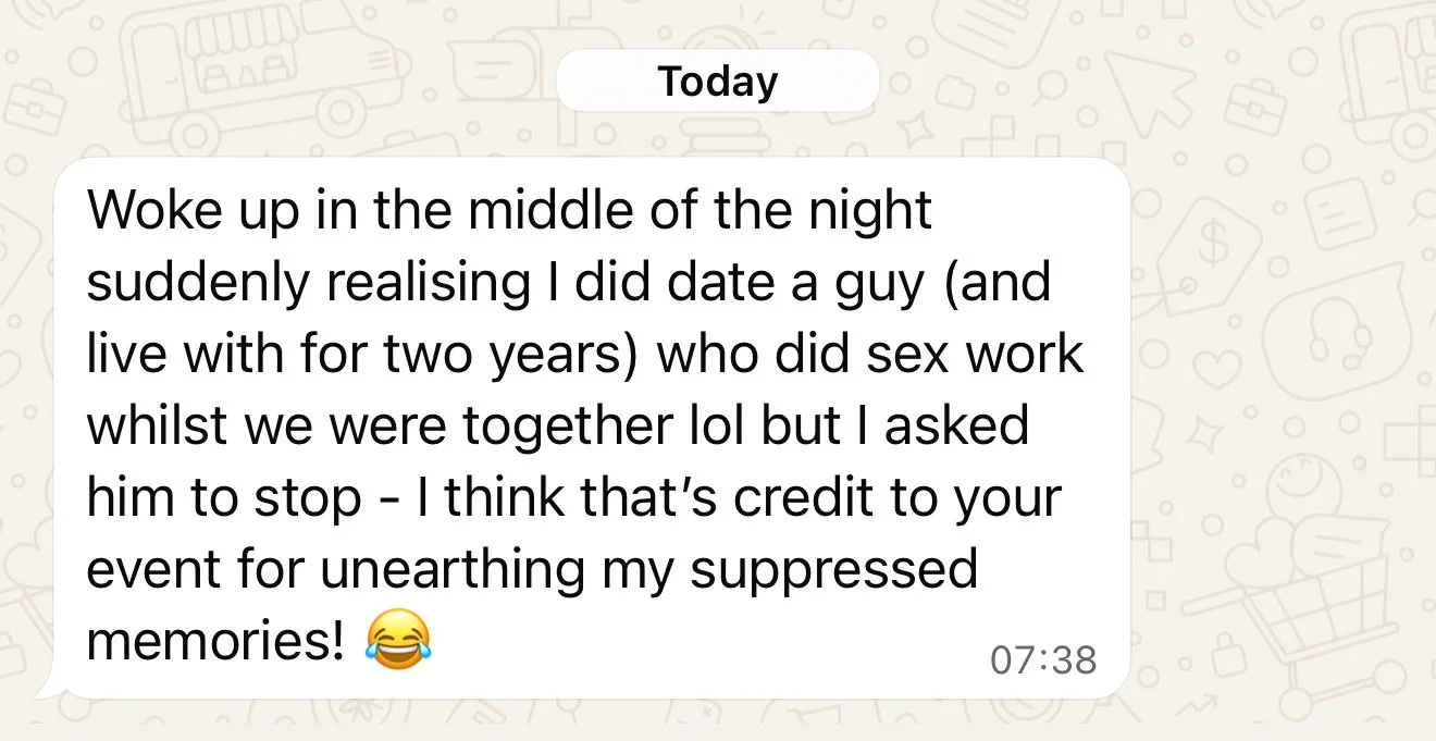 A screenshot of a WhatsApp chat message with a beige background and faint icons such as cameras, hearts, and shopping carts. The message has the word "Today" at the top, and the timestamp at the bottom reads 07:38. The message recounts a personal story about waking up in the middle of the night and realizing the writer had dated a man for two years who did sex work.