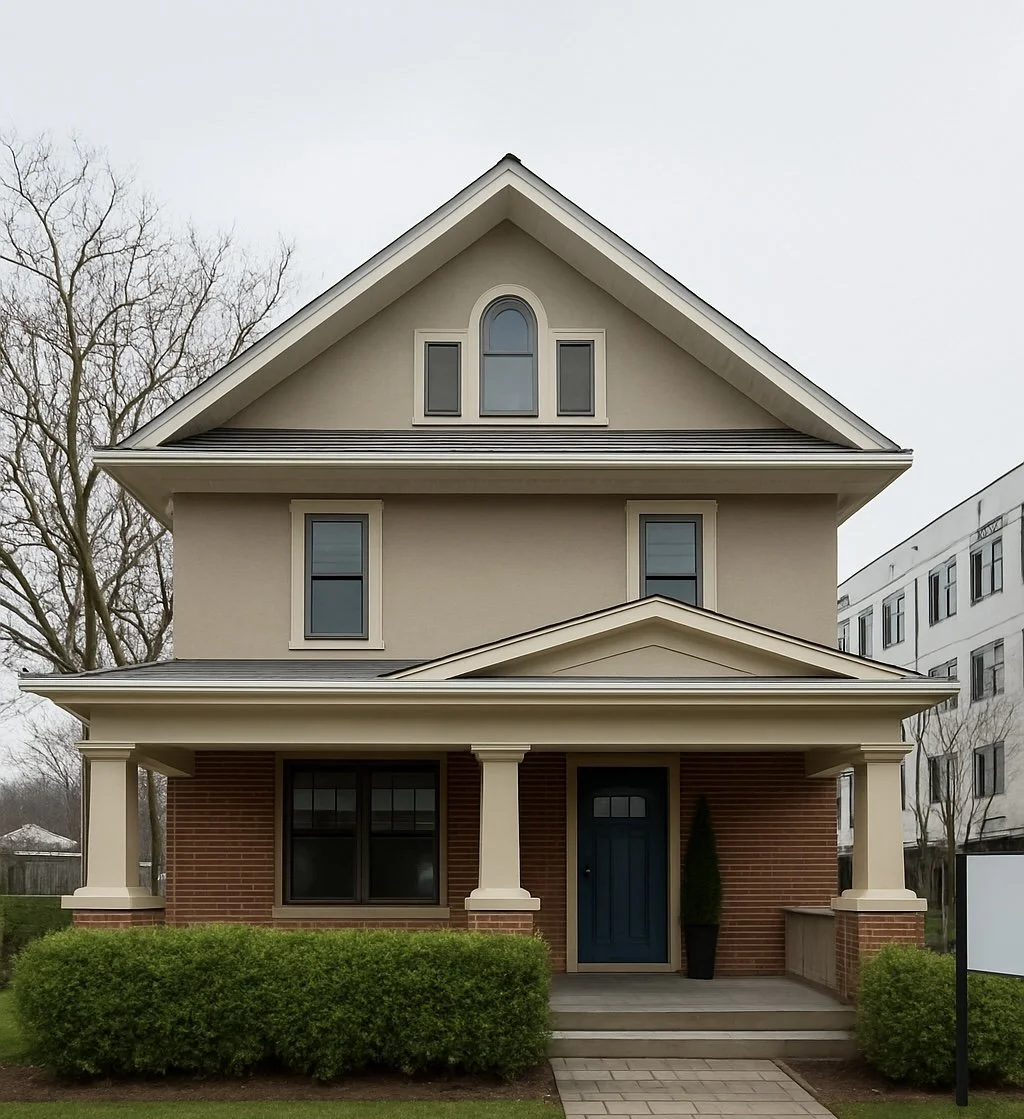 A three-story beige house with brick accents, a blue front door, front porch with columns, and a lawn with bushes.