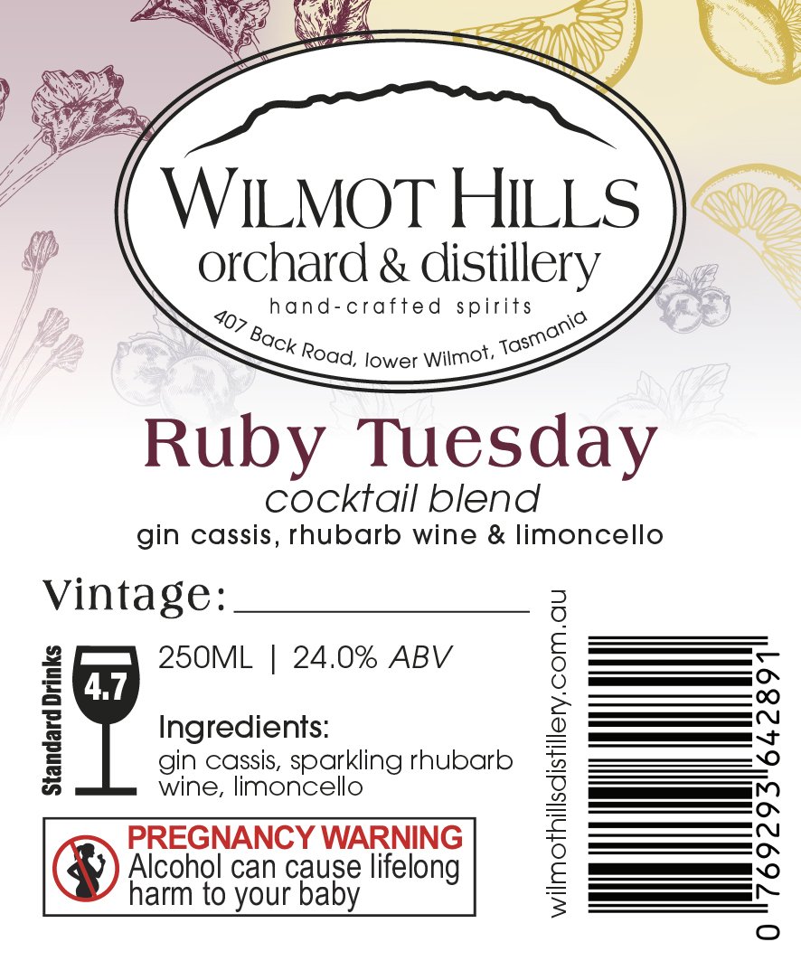 Label for a cocktail named Ruby Tuesday from Wilmot Hills Orchard & Distillery featuring handwritten spirits, with ingredients including gin, raspberry wine, and limoncello, and a pregnancy warning.