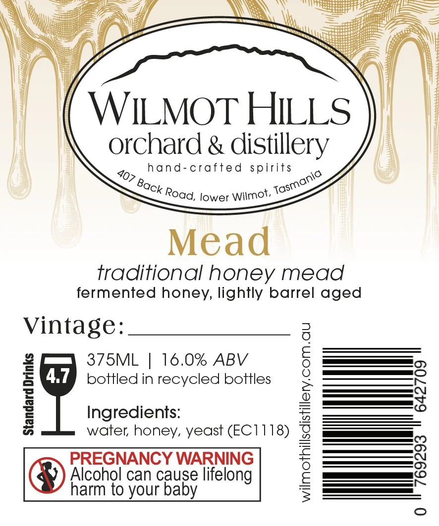 Label for Wilmot Hills orchard and distillery traditional honey mead, with ingredients and a pregnancy warning