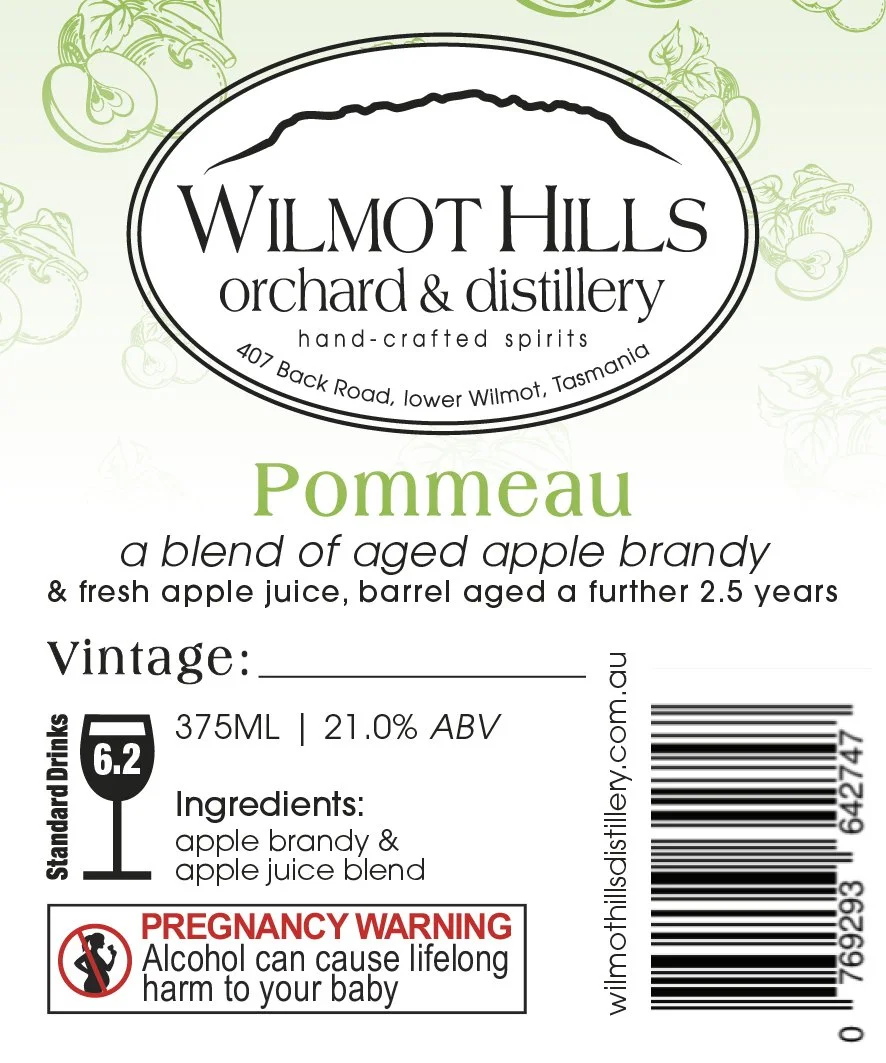 Label for Wilmot Hills orchard and distillery's Pommee, a blend of aged apple brandy and fresh apple juice, with ingredients, alcohol content, volume, vintage space, barcode, and pregnancy warning.