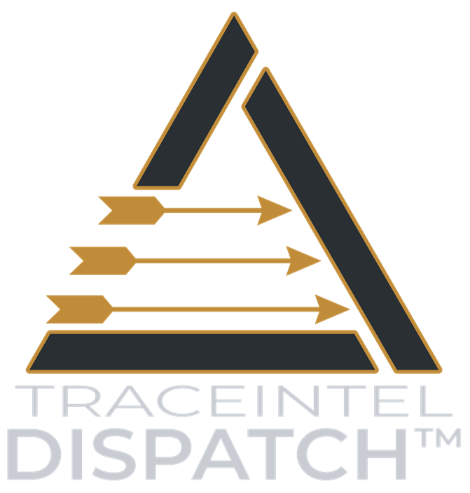 Logo for Trace Intel Dispatch featuring stylized black and gold mountain peaks and three horizontal gold arrows pointing right, with the text 'TRACEINTEL DISPATCH' below.