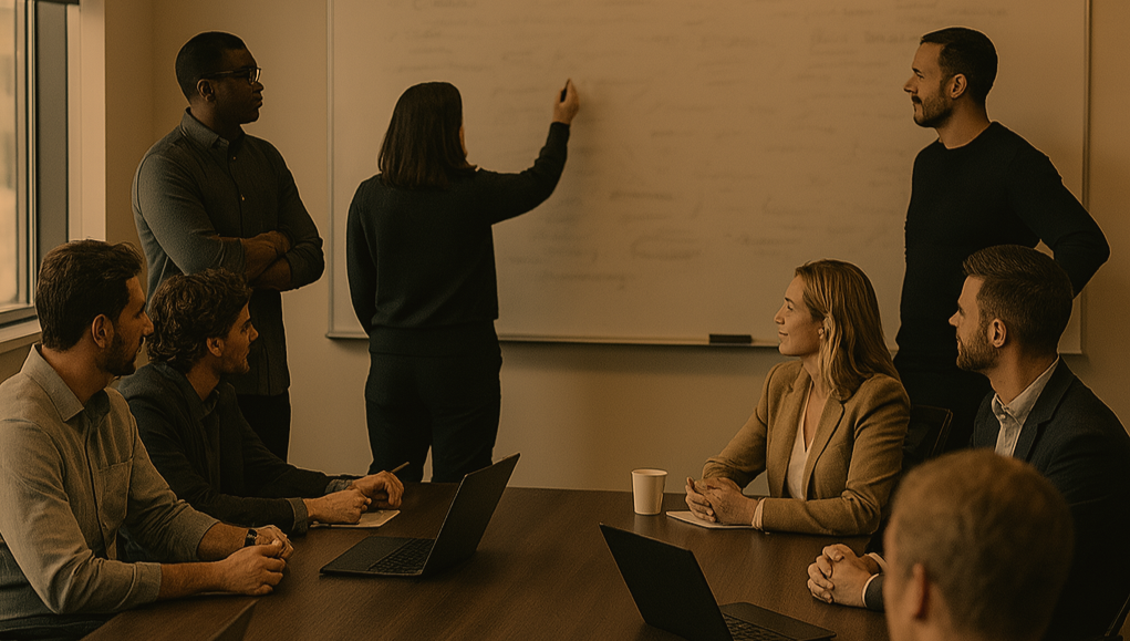 Group of people in a business meeting, some sitting at a table with laptops, one woman standing by a whiteboard, and two men standing, one writing on the board. TraceAdaptive Group