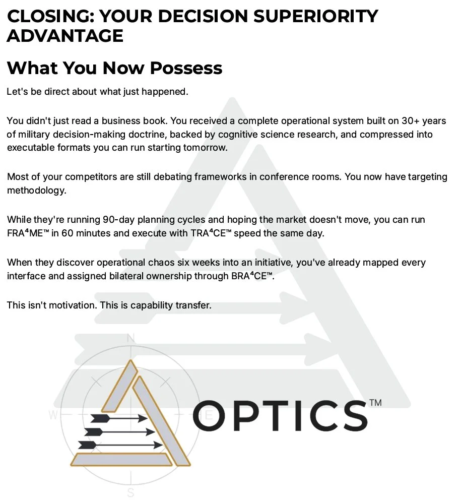 Text on a page discussing decision-making superiority, with TraceAdaptive Group logo mark