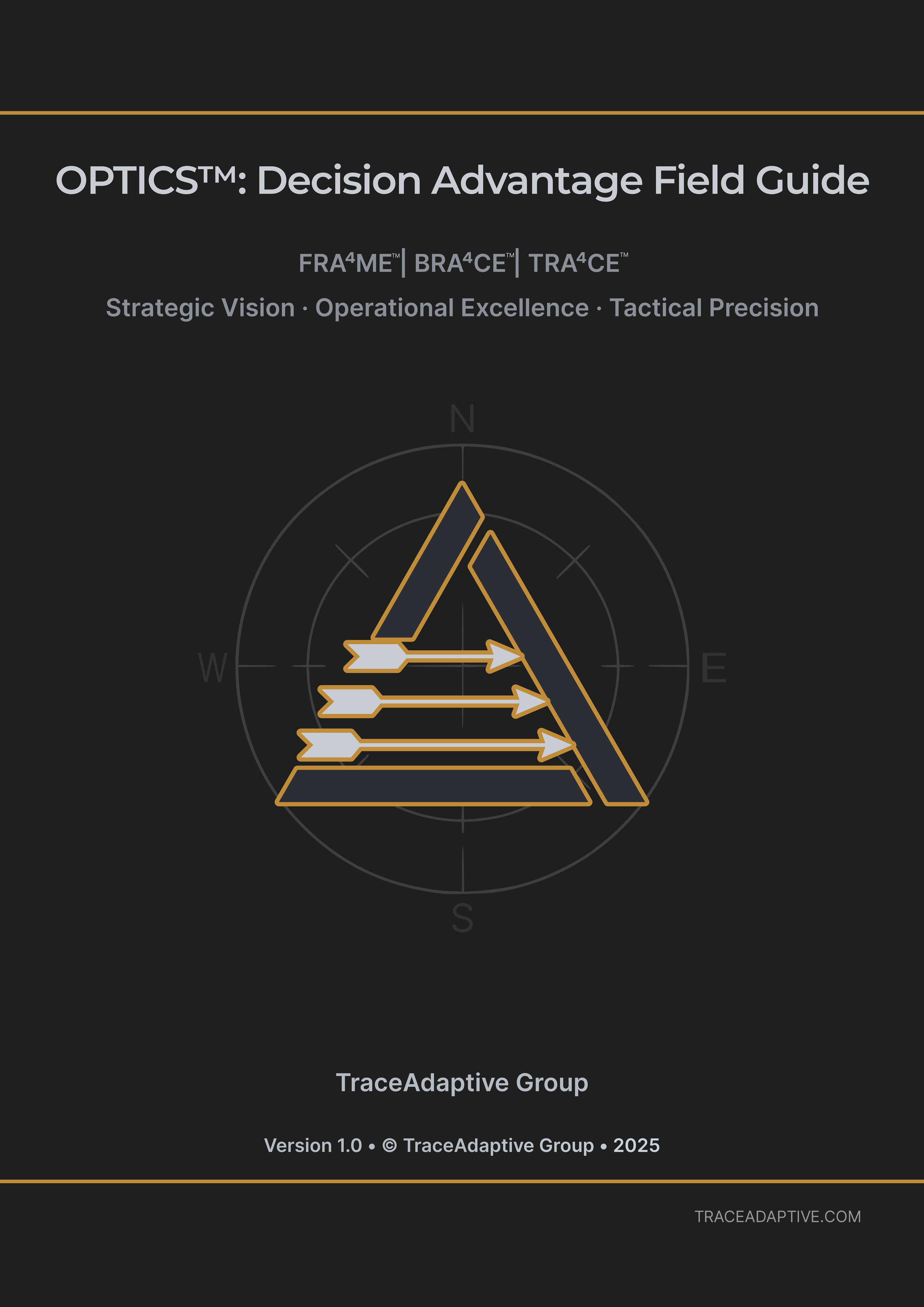 Cover page of the OPTICS Decision Advantage Field Guide with a radar chart, title, and footer details. TraceAdaptive Group