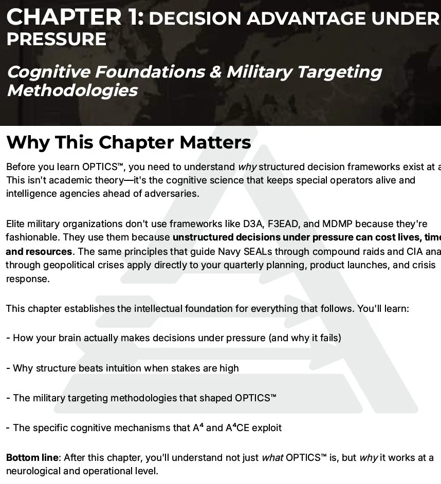 Title page of a chapter from a book on decision advantage and military targeting, discussing cognitive science and decision frameworks. TraceAdaptive Group
