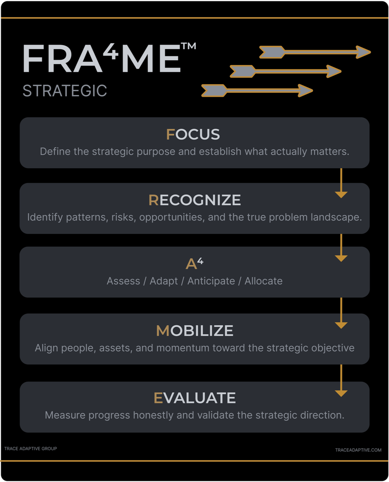 Flowchart of the FRA⁴ME™ strategic process with steps: Focus, Recognize, Assess, Mobilize, and Evaluate, each with brief descriptions.