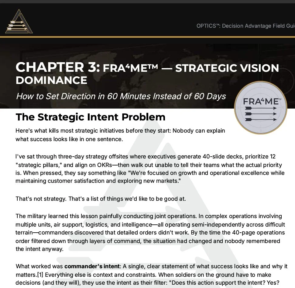 Screenshot from a strategic management book or guide titled 'Chapter 3: FRA⁴ME™ — Strategic Vision Dominance,' discussing setting directions quickly and the importance of a clear commander's intent in military and business operations. TraceAdaptive