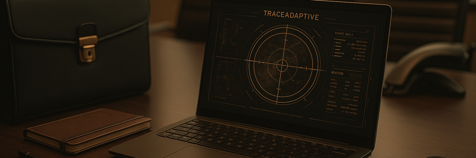 A laptop on a desk displays a digital radar screen with the word 'TRACEADAPTIVE' at the top, surrounded by a dark office environment with a black briefcase, a closed notebook, a landline phone, and a wooden backdrop.TraceAdaptive Group