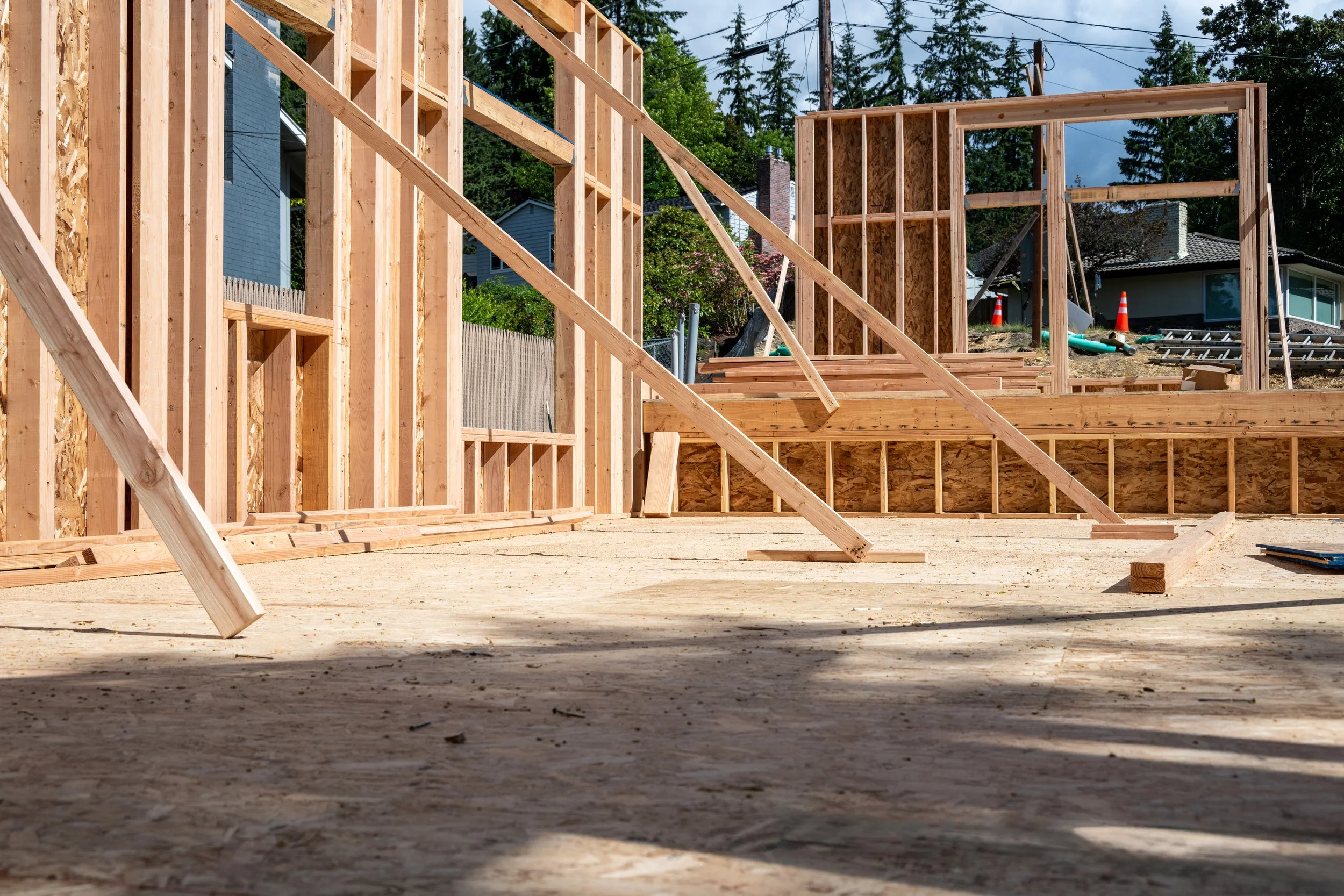 Construction site with pre-manufactured wall panels.