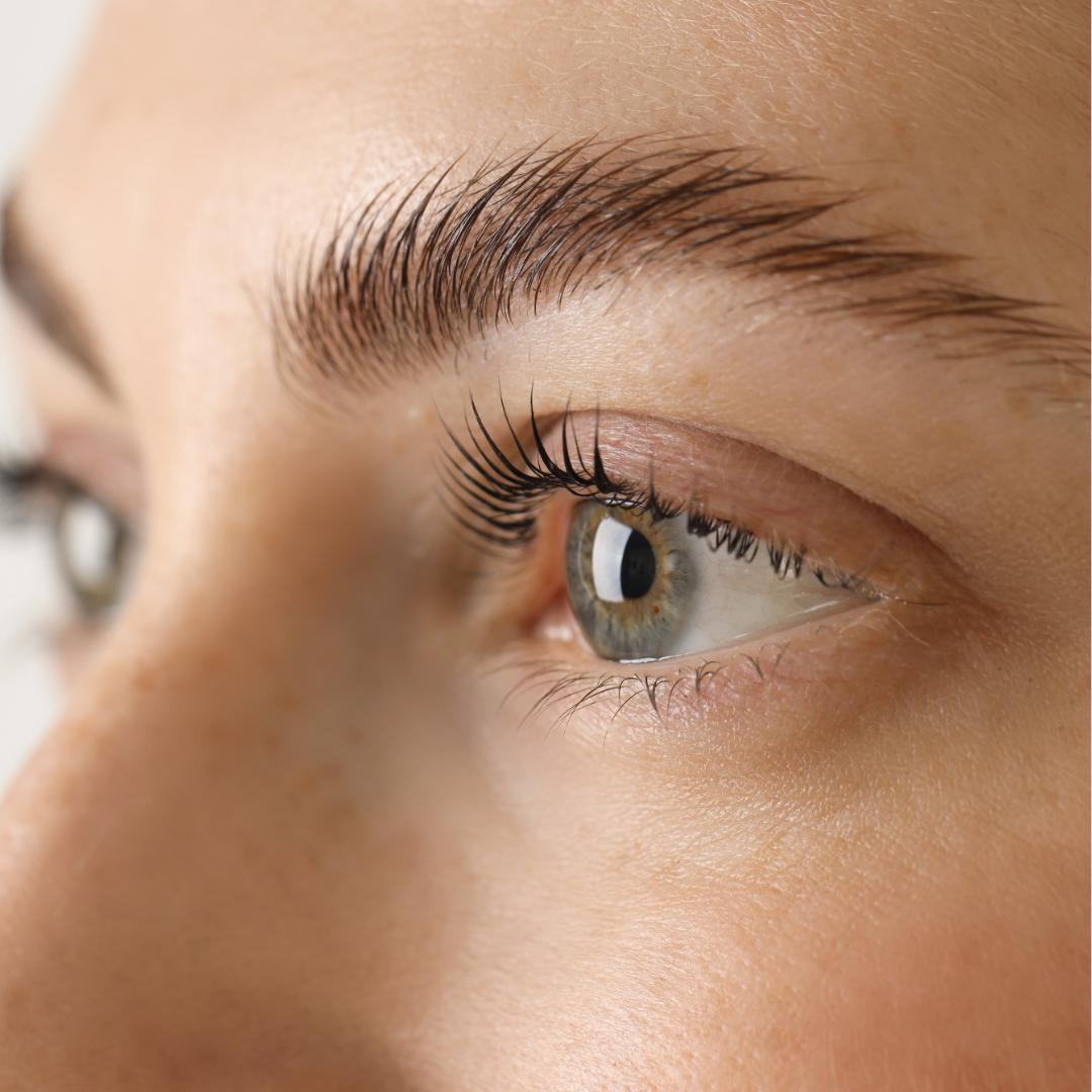 Close-up of a person's eye showing detailed eyelashes, eyebrow hairs, and a clear hazel eye with a reflection.