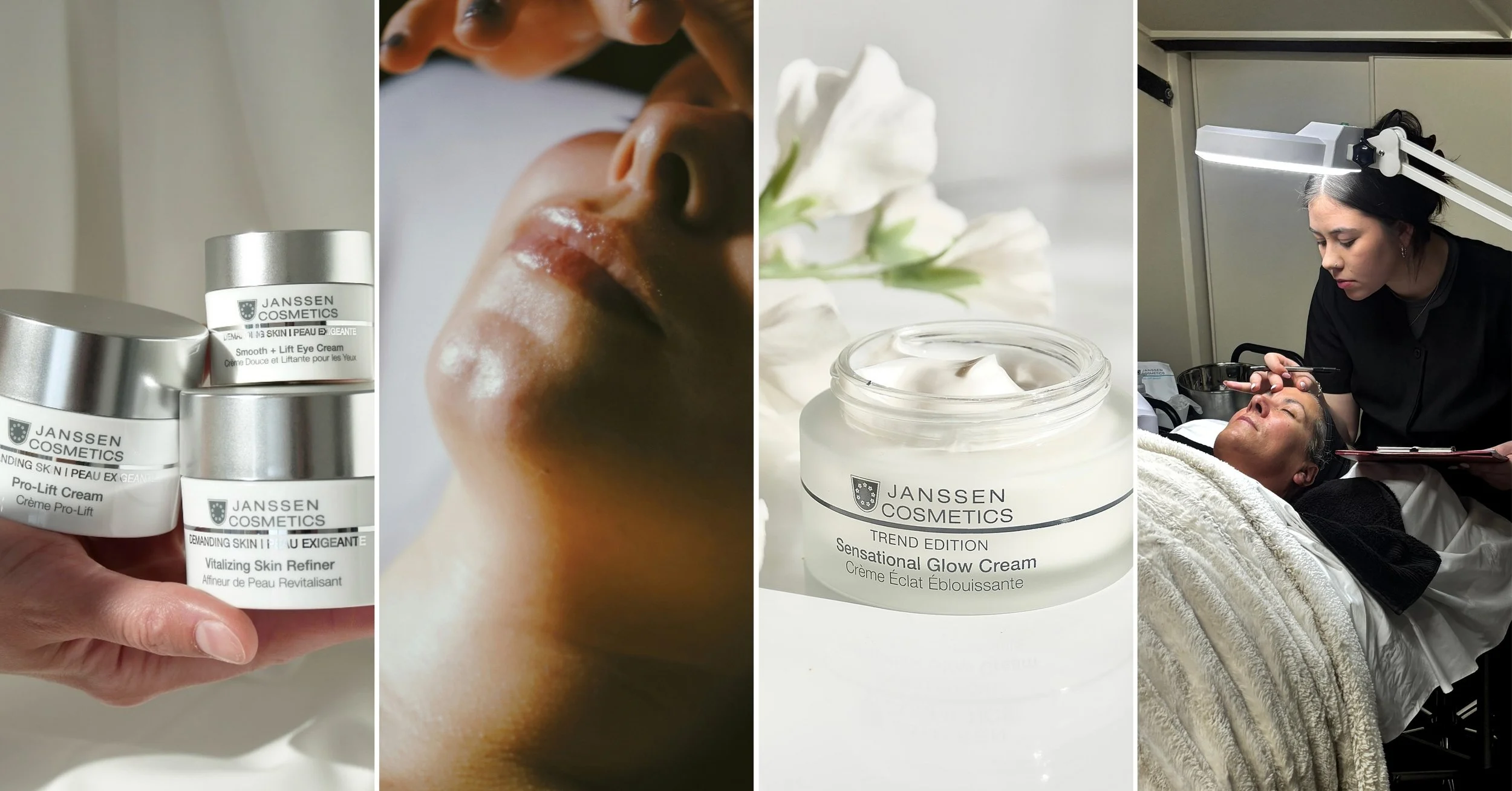 A collage of four images showing skincare products from Janssen Cosmetics, a person receiving a facial treatment, a jar of glow cream with white flowers beside it, and a woman receiving a facial treatment from an esthetician in a clinic.
