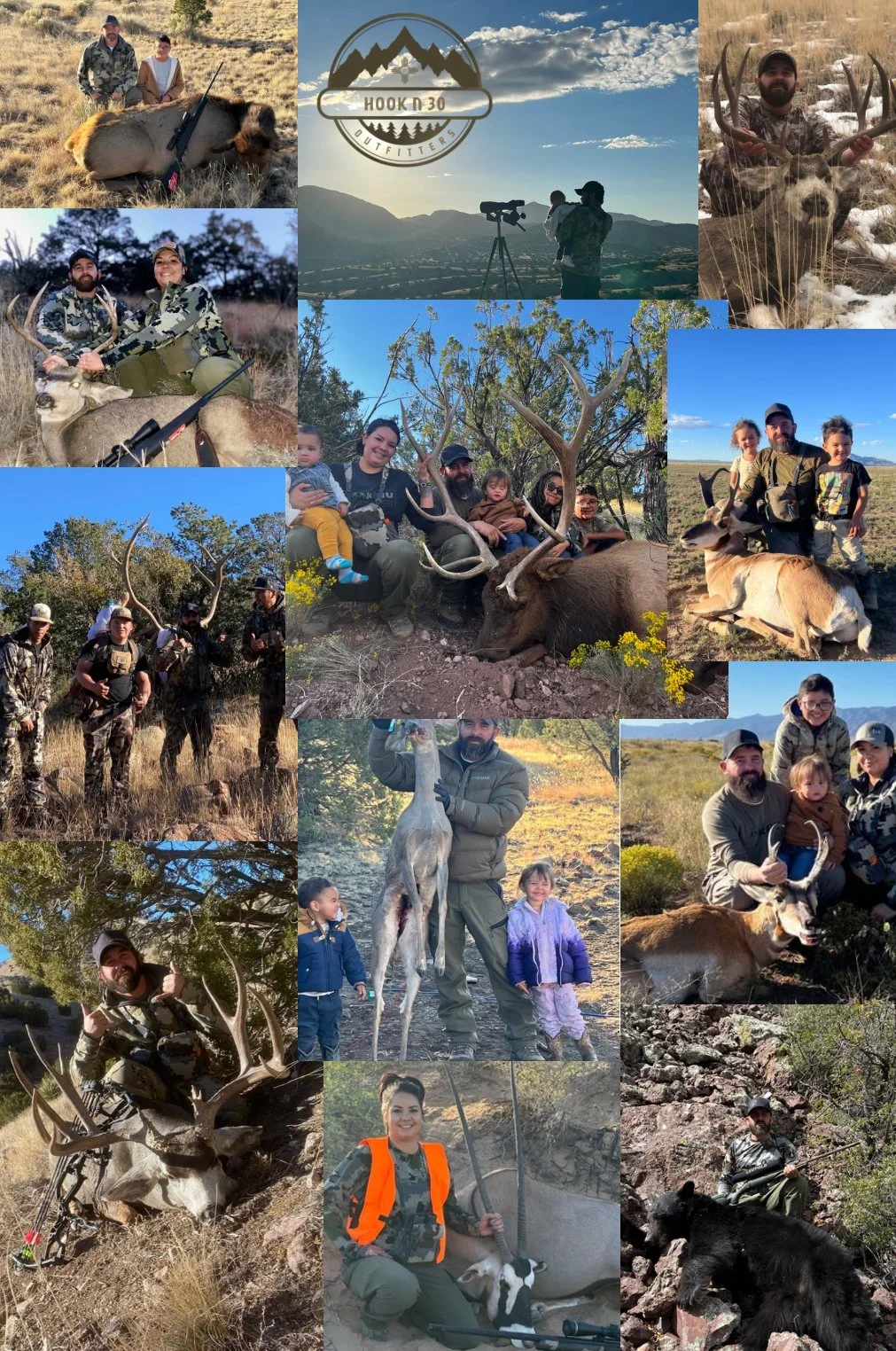 Collage of Hook N 30 Outfitters family hunts, showcasing successful elk, oryx, and bear adventures in New Mexico.