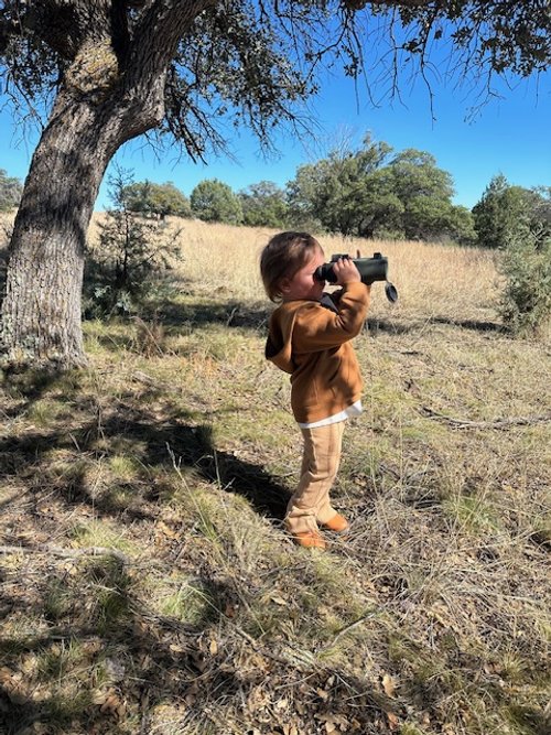 Young child using binoculars outdoors under a tree with open field and sky in the background.
