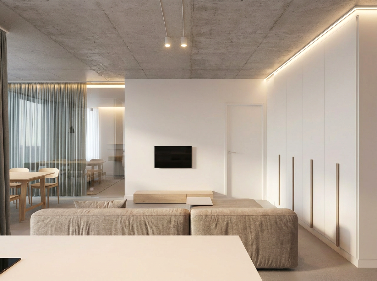 3D rendering of the Kakhovska apartment living room with a television wall and exposed concrete ceiling.