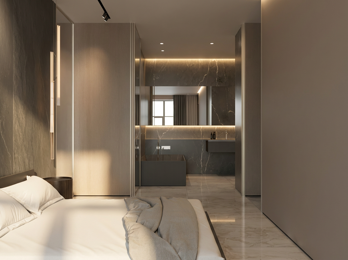3D rendering of the Globy apartment bedroom with warm lighting, mirrored surfaces and dark stone finishes.