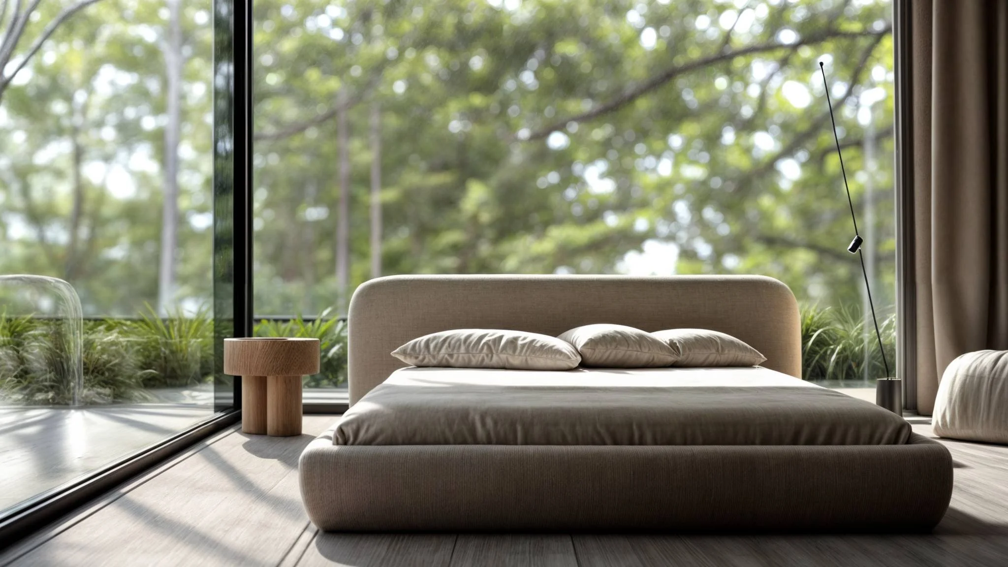 3D bedroom rendering with a low upholstered bed and floor-to-ceiling windows overlooking trees.
