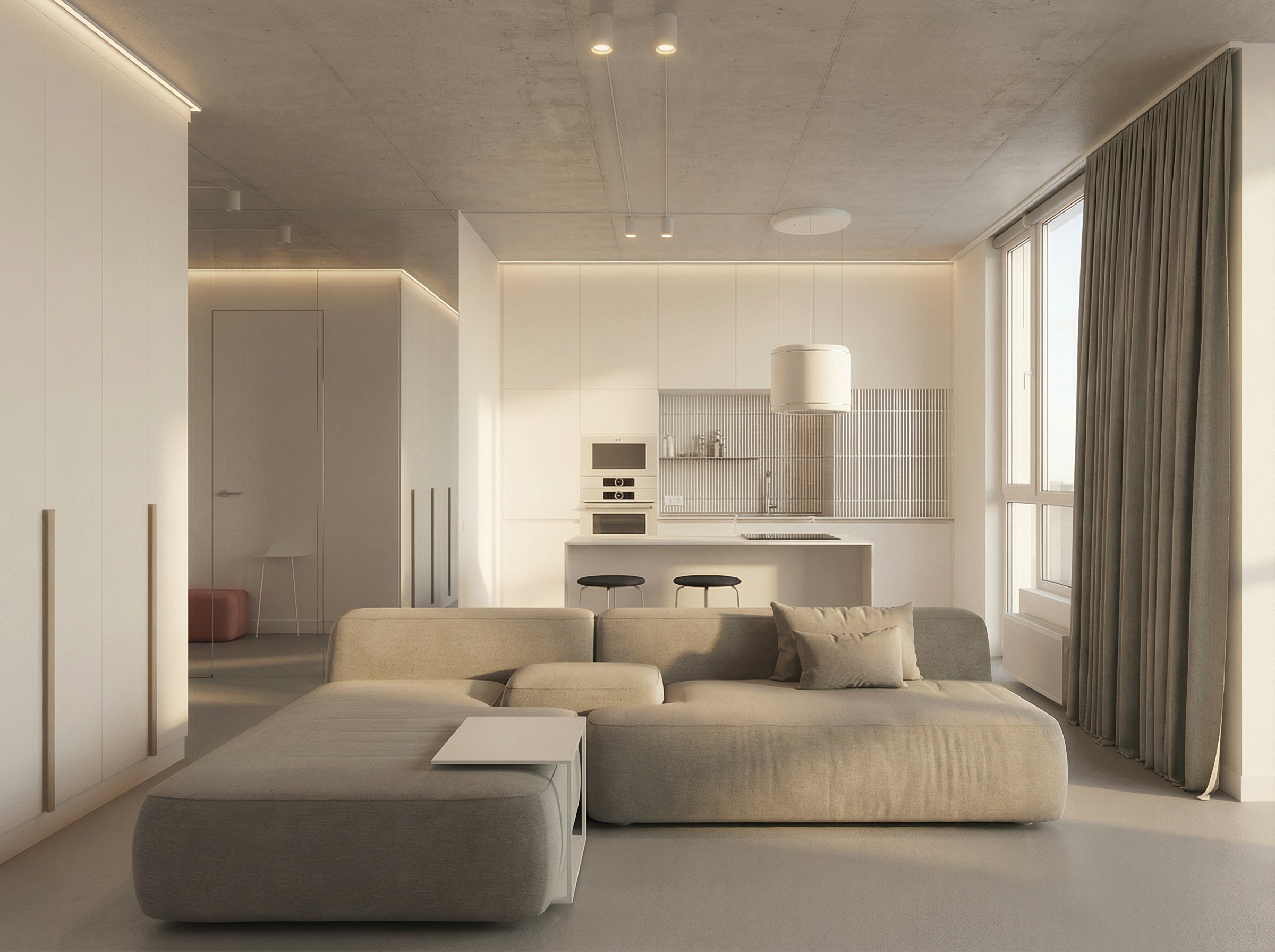 Interior design visualization of a neutral apartment living room and kitchen with a sectional sofa.