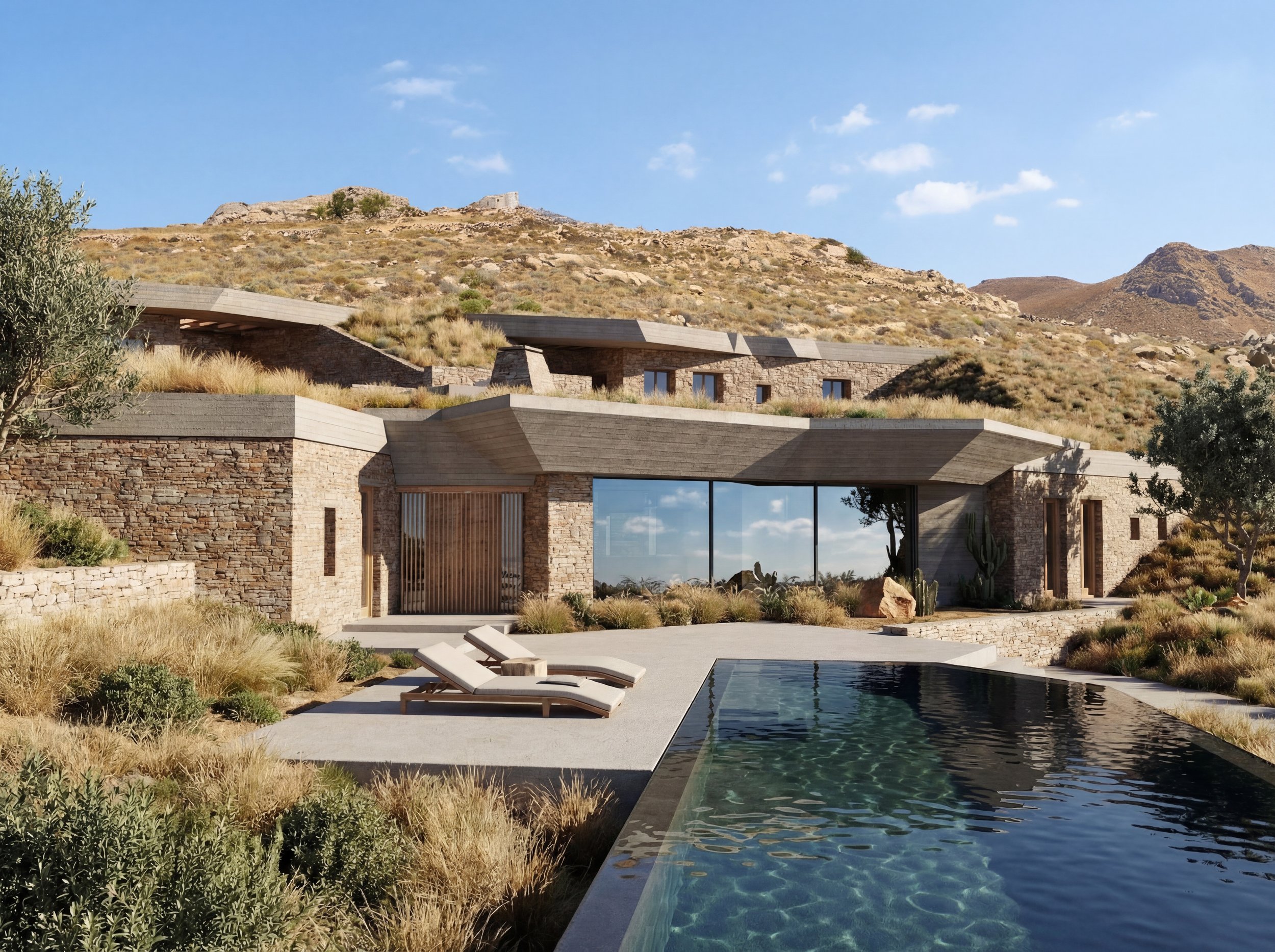 Architectural exterior rendering of a stone house with a swimming pool in a dry hillside landscape.