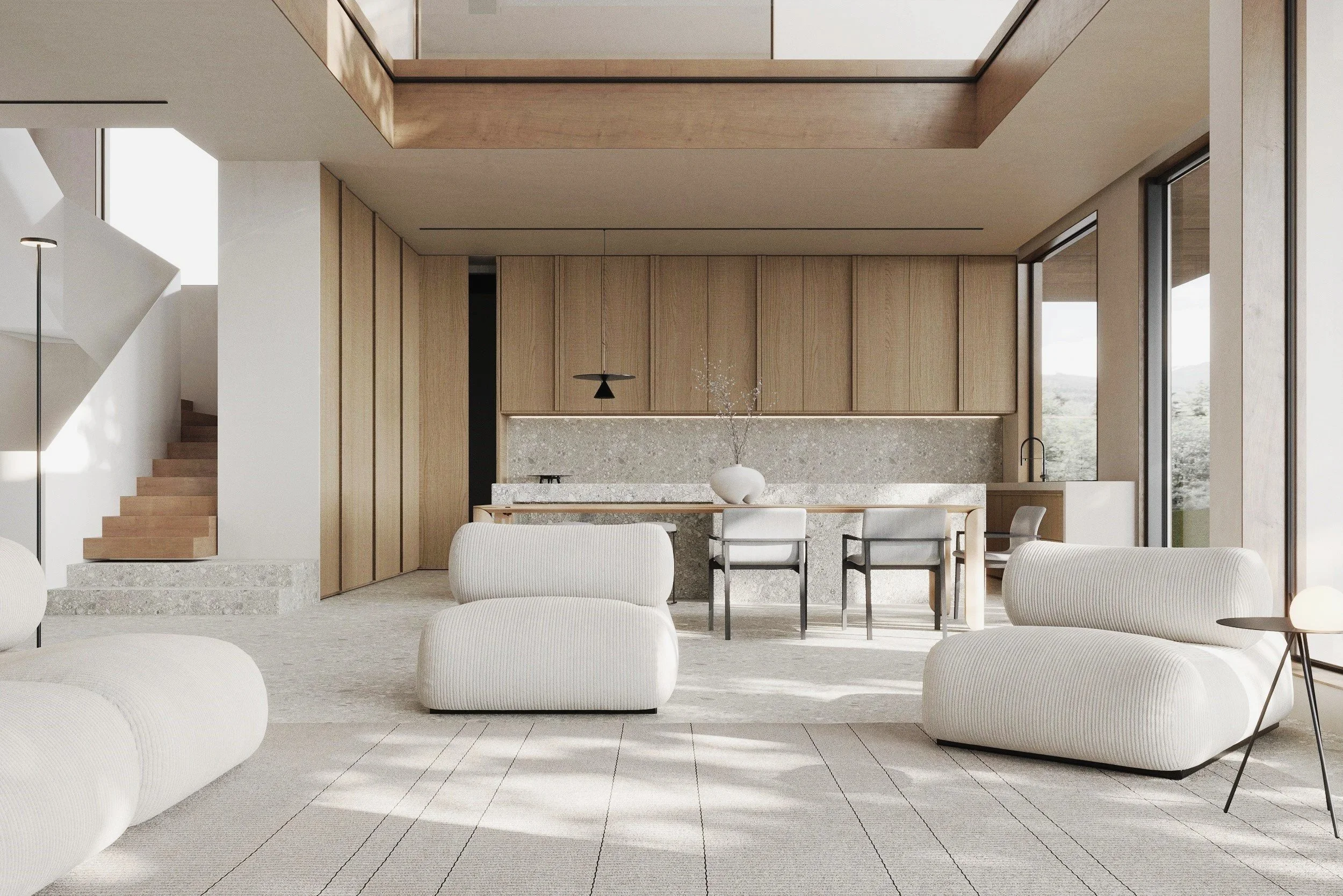 Explore interior design projects: open-plan living room and kitchen with white seating and a skylight.