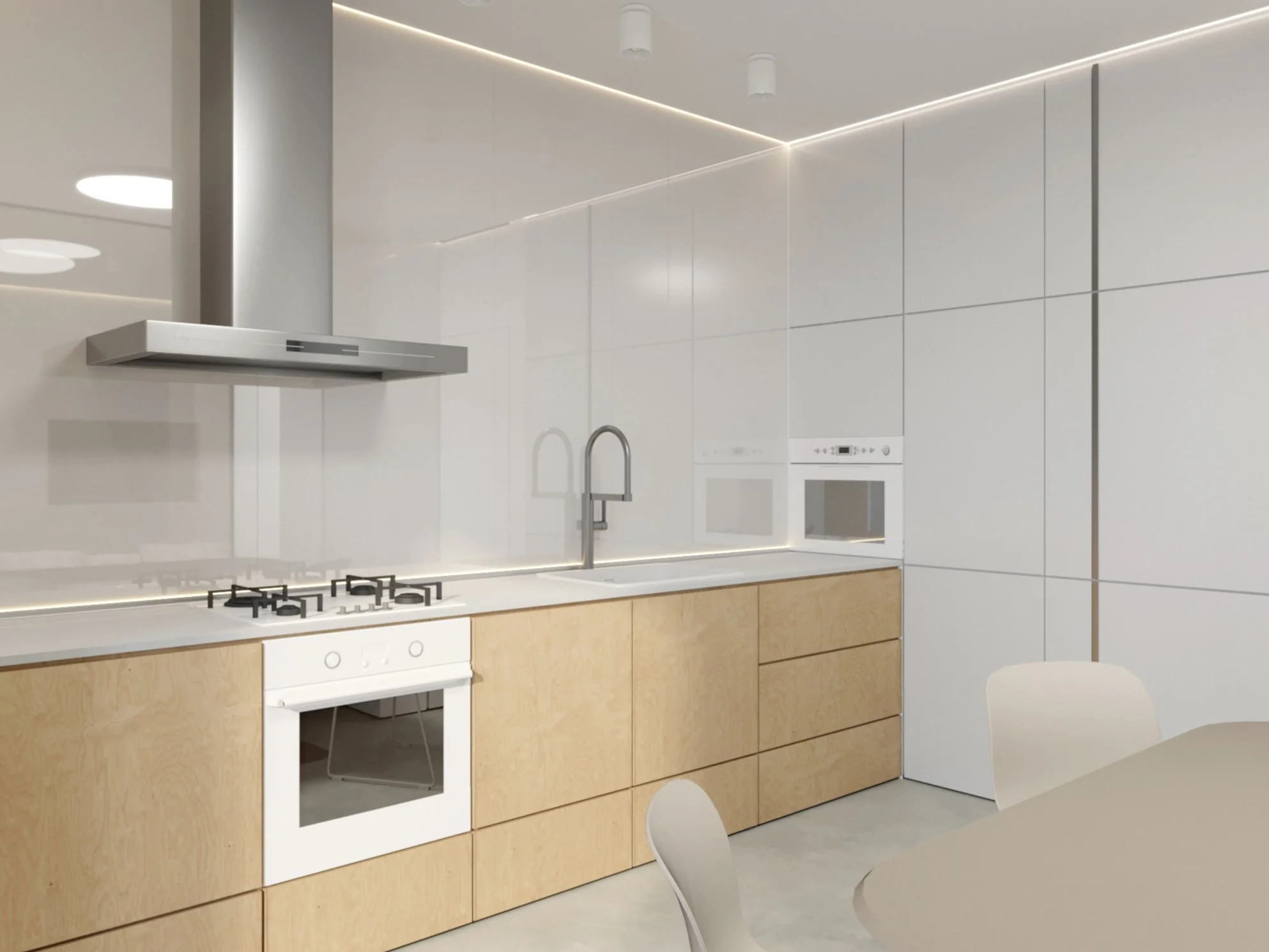 3D kitchen rendering for the Salut apartment with white upper cabinets and timber lower cabinets.
