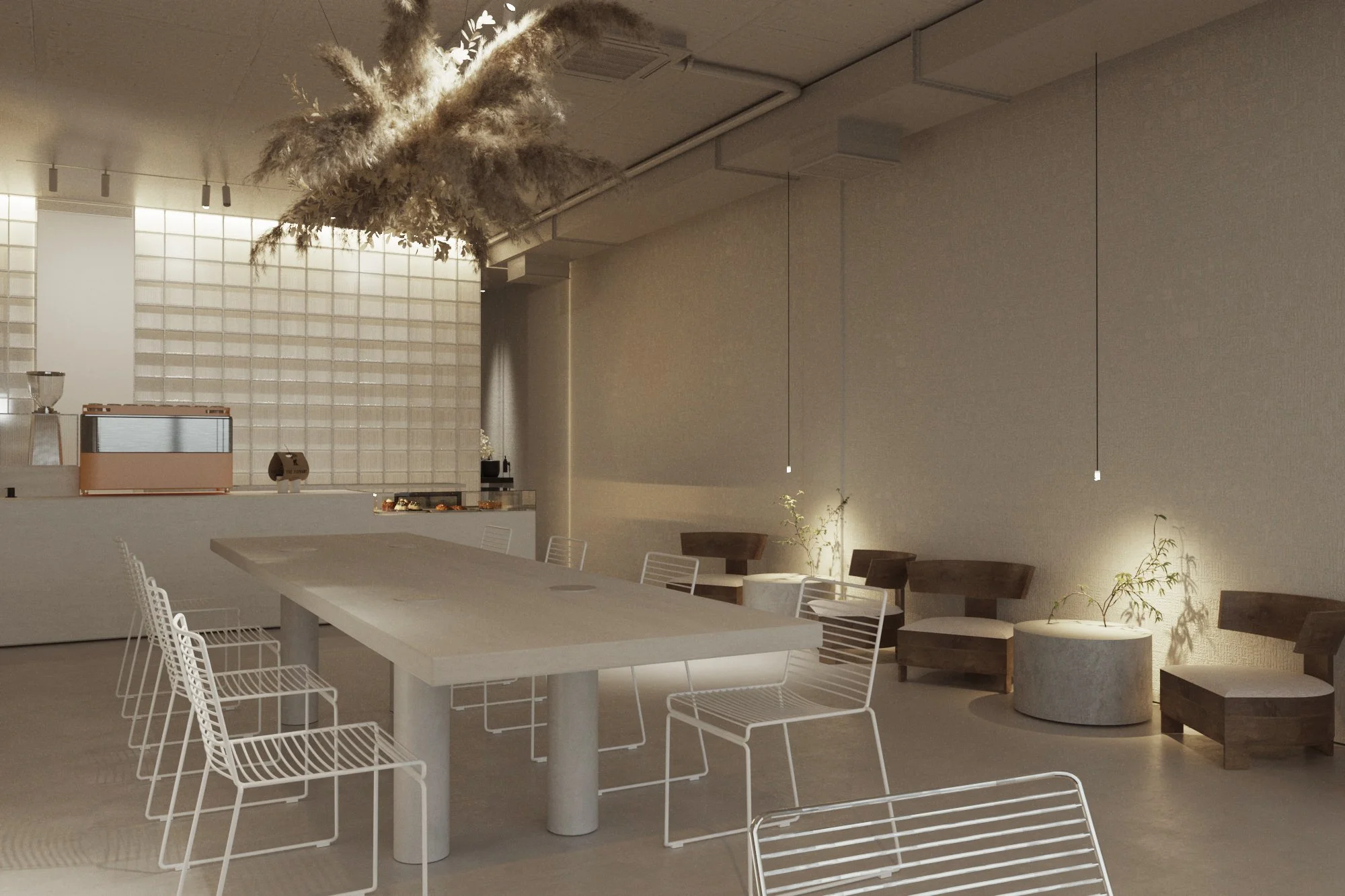 3D rendering of Zerno Coffee Shop seating with a long communal table, wire chairs and wall benches.