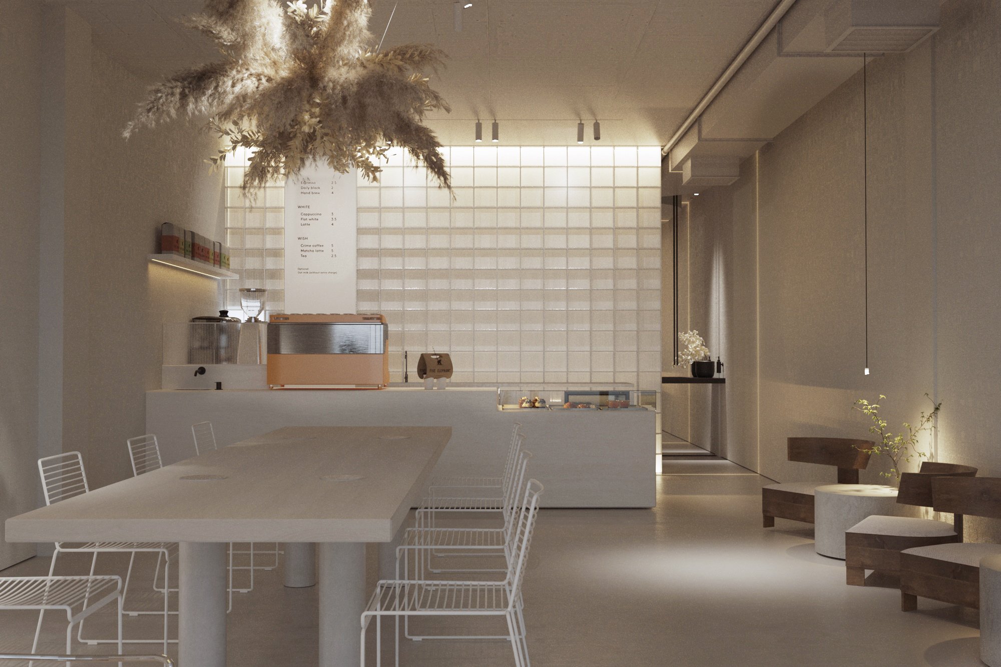 Interior design visualization of Zerno Coffee Shop with a service counter, communal table and dried floral installation.