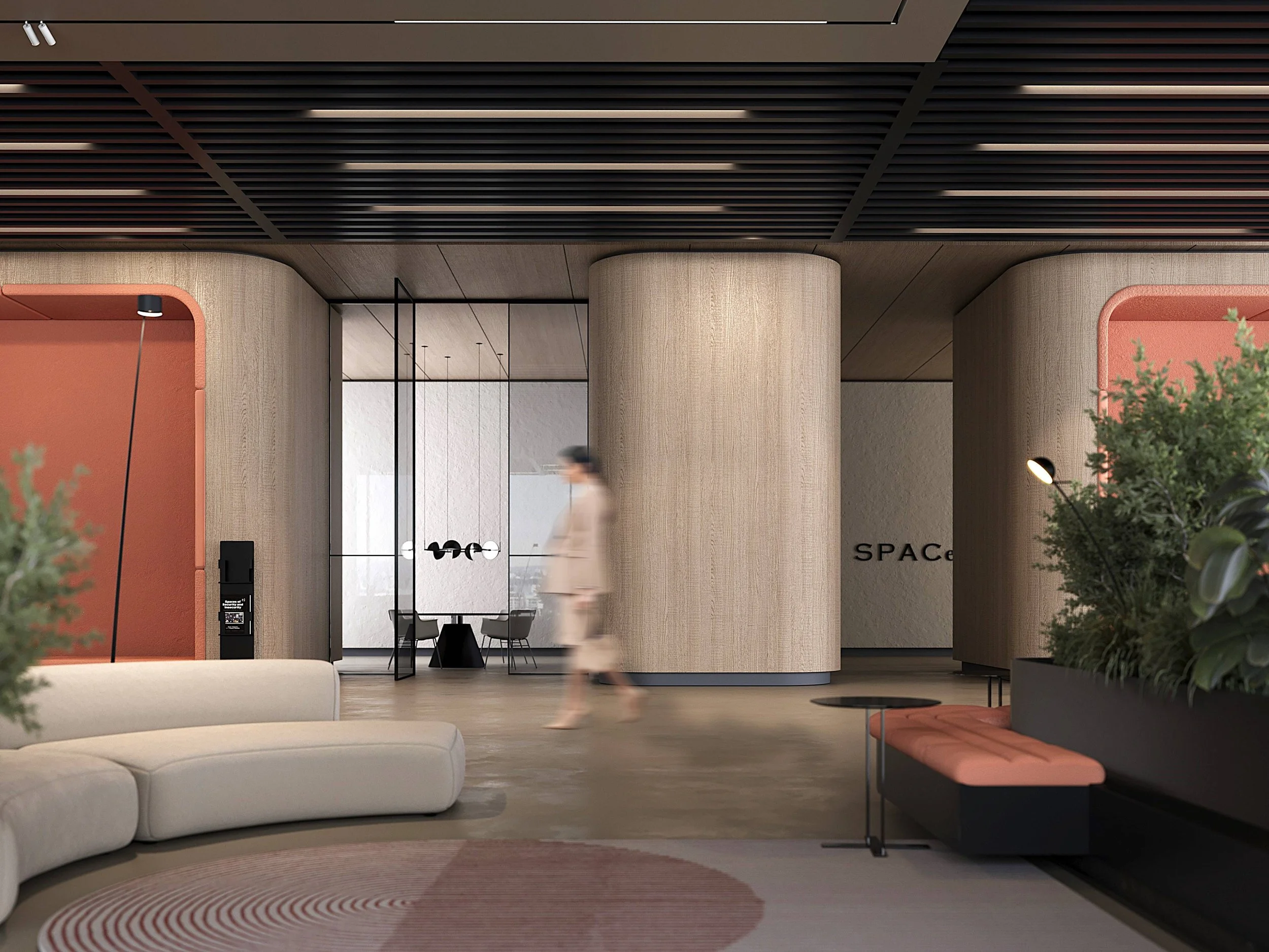3D office lounge rendering with curved seating, timber partitions and a dark slatted ceiling.