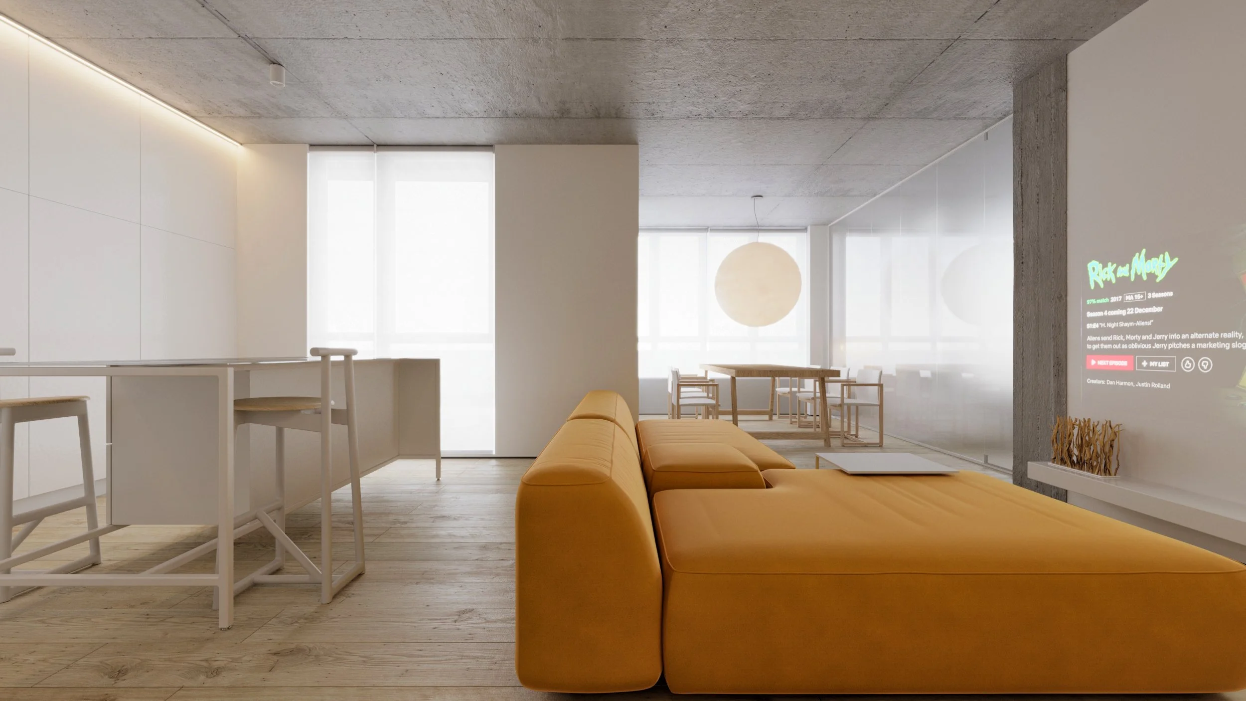 3D interior rendering looking across a yellow sofa toward an open-plan kitchen and dining area.