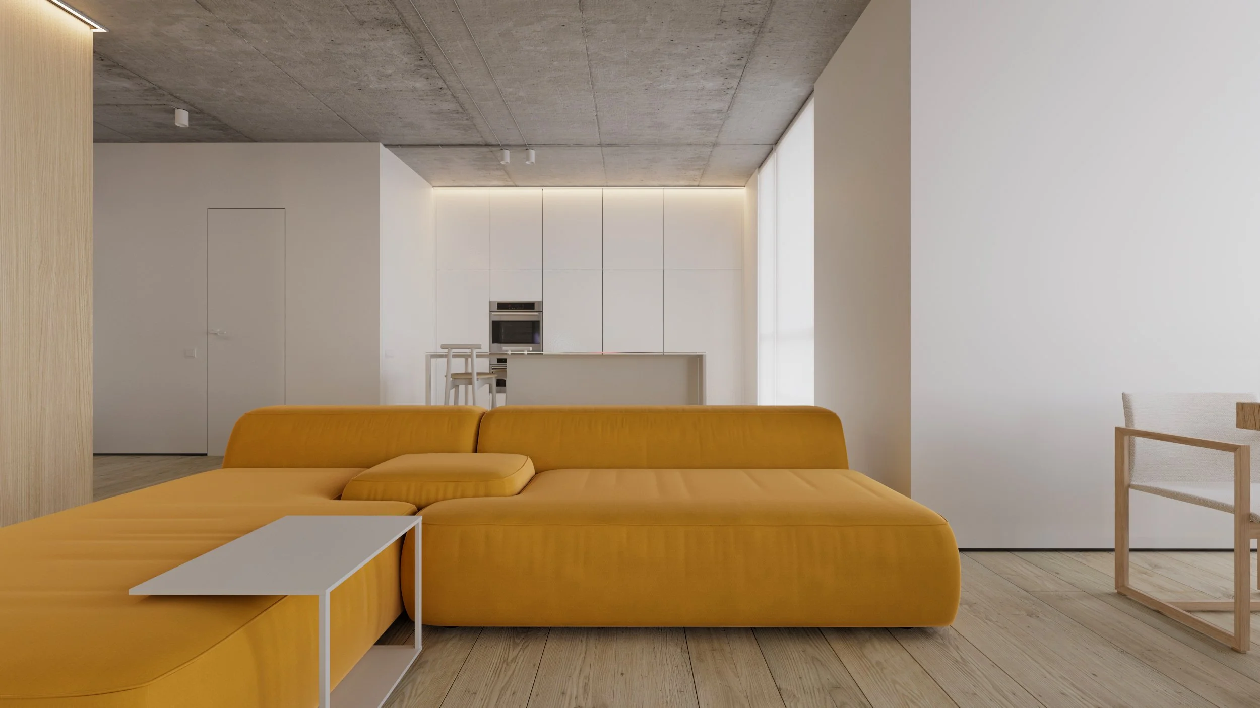3D apartment interior rendering with a yellow sectional sofa, white kitchen and exposed concrete ceiling.