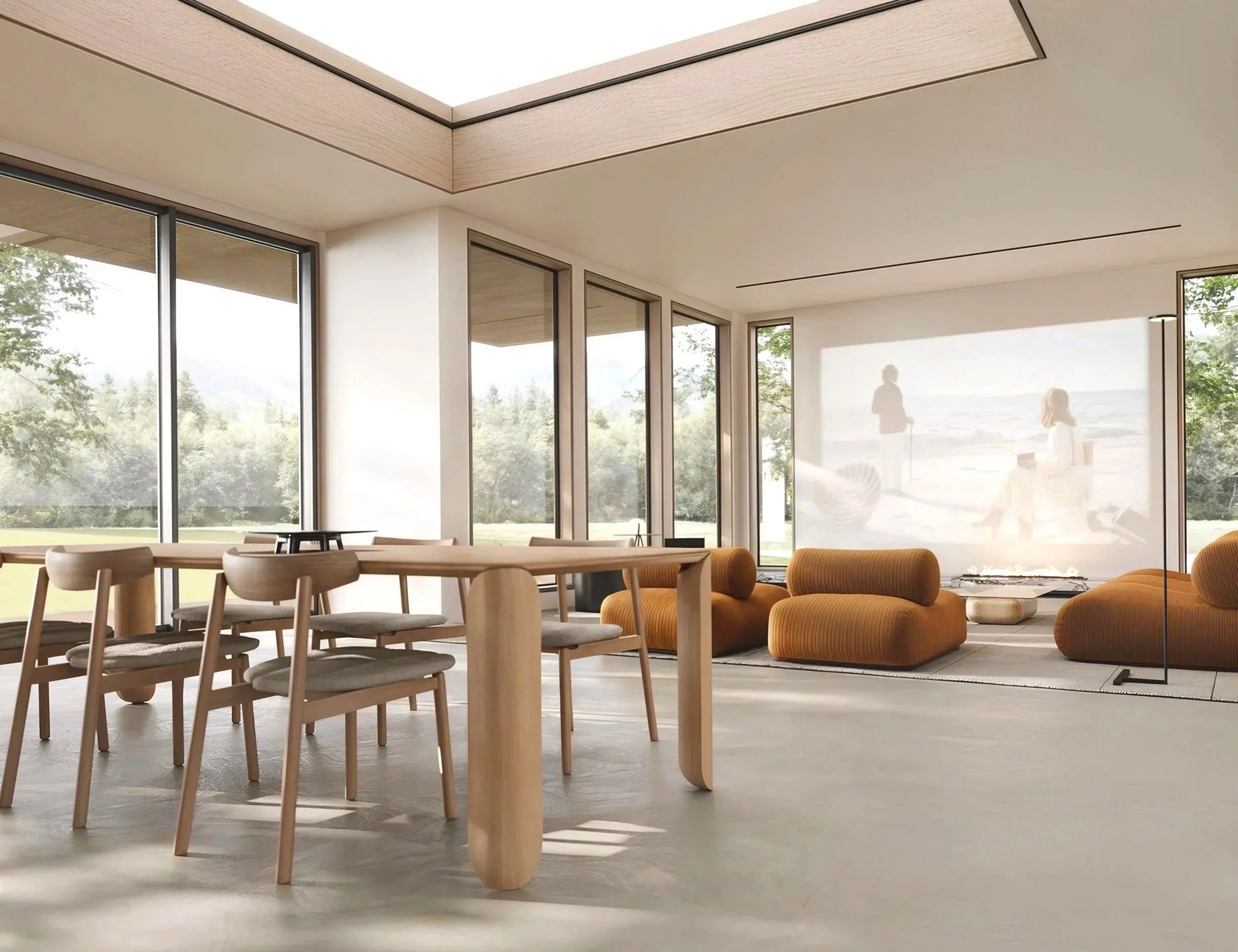 3D interior rendering of a sunlit dining and living area with timber furniture, mustard chairs and a skylight.