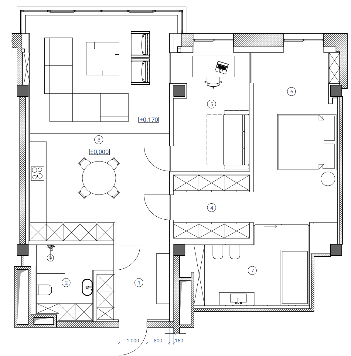 Furniture layout floor plan of the Globy apartment showing living, dining, sleeping and bathroom areas.