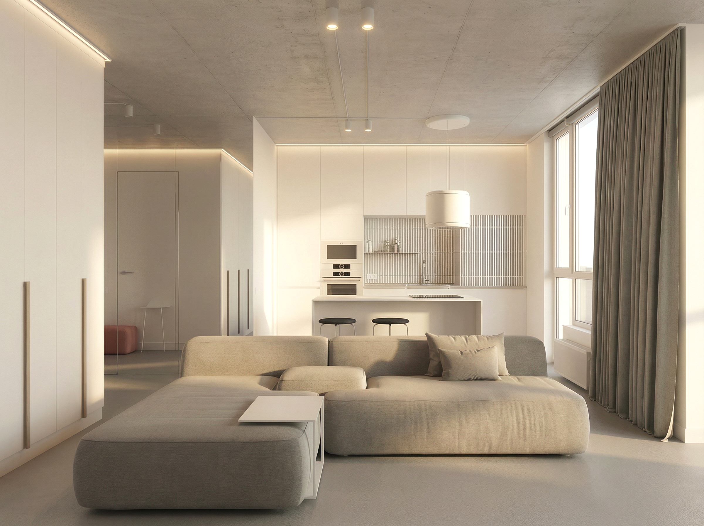 3D rendering of the Kakhovska apartment living room with a neutral sectional sofa and open-plan kitchen.